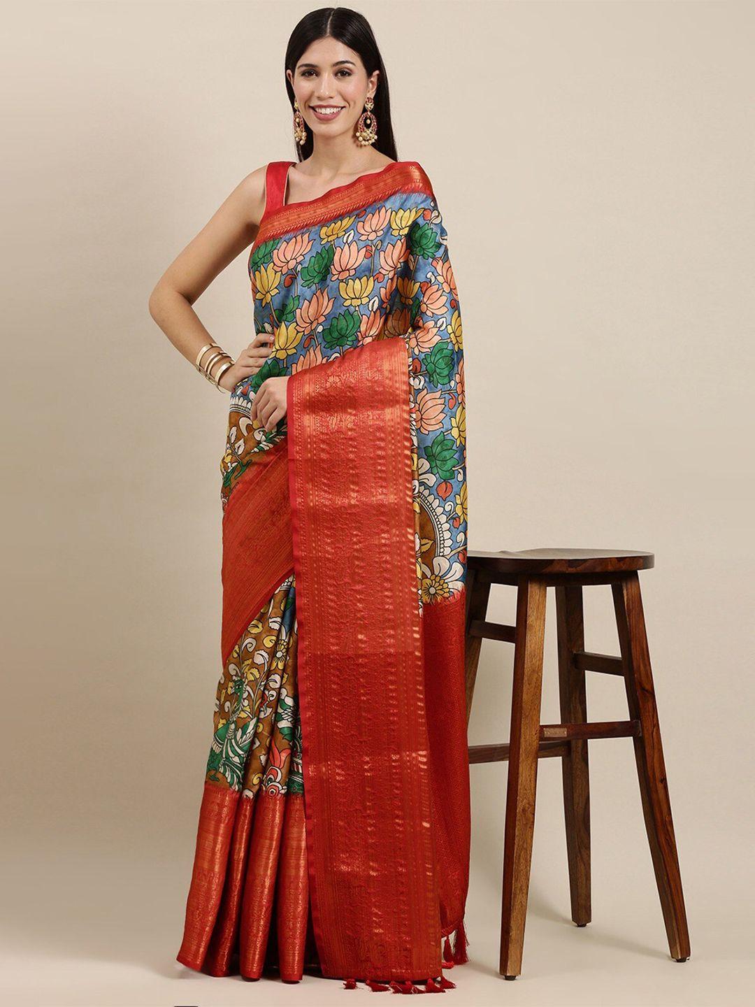 jatriqq blue & red kalamkari zari art silk kanjeevaram saree