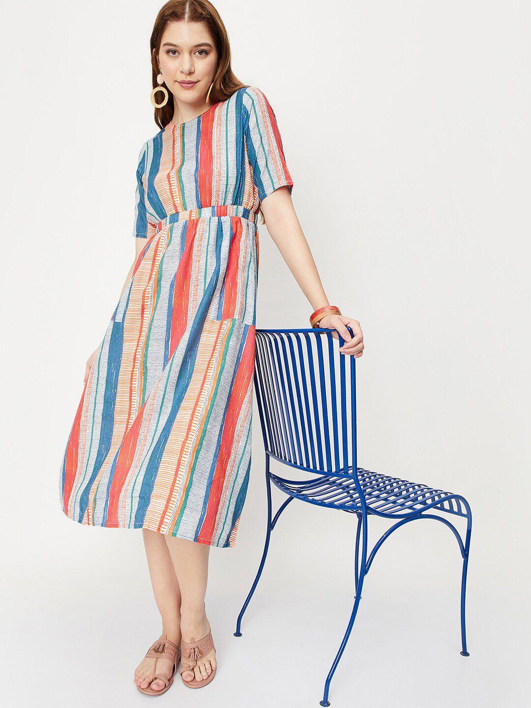 max striped round neck gathered a-line dress