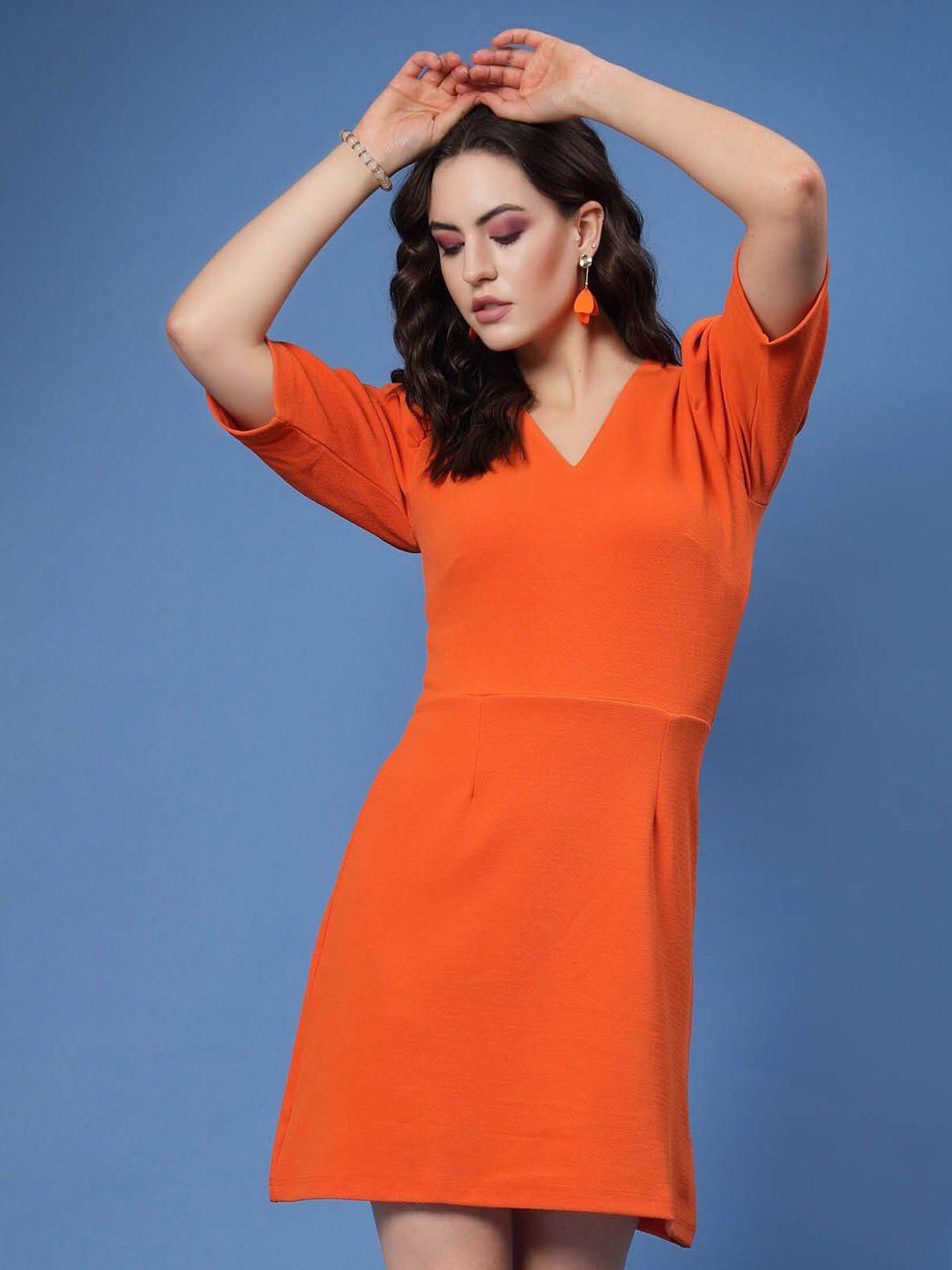 pluss orange v-neck puff sleeves a-line mini dress