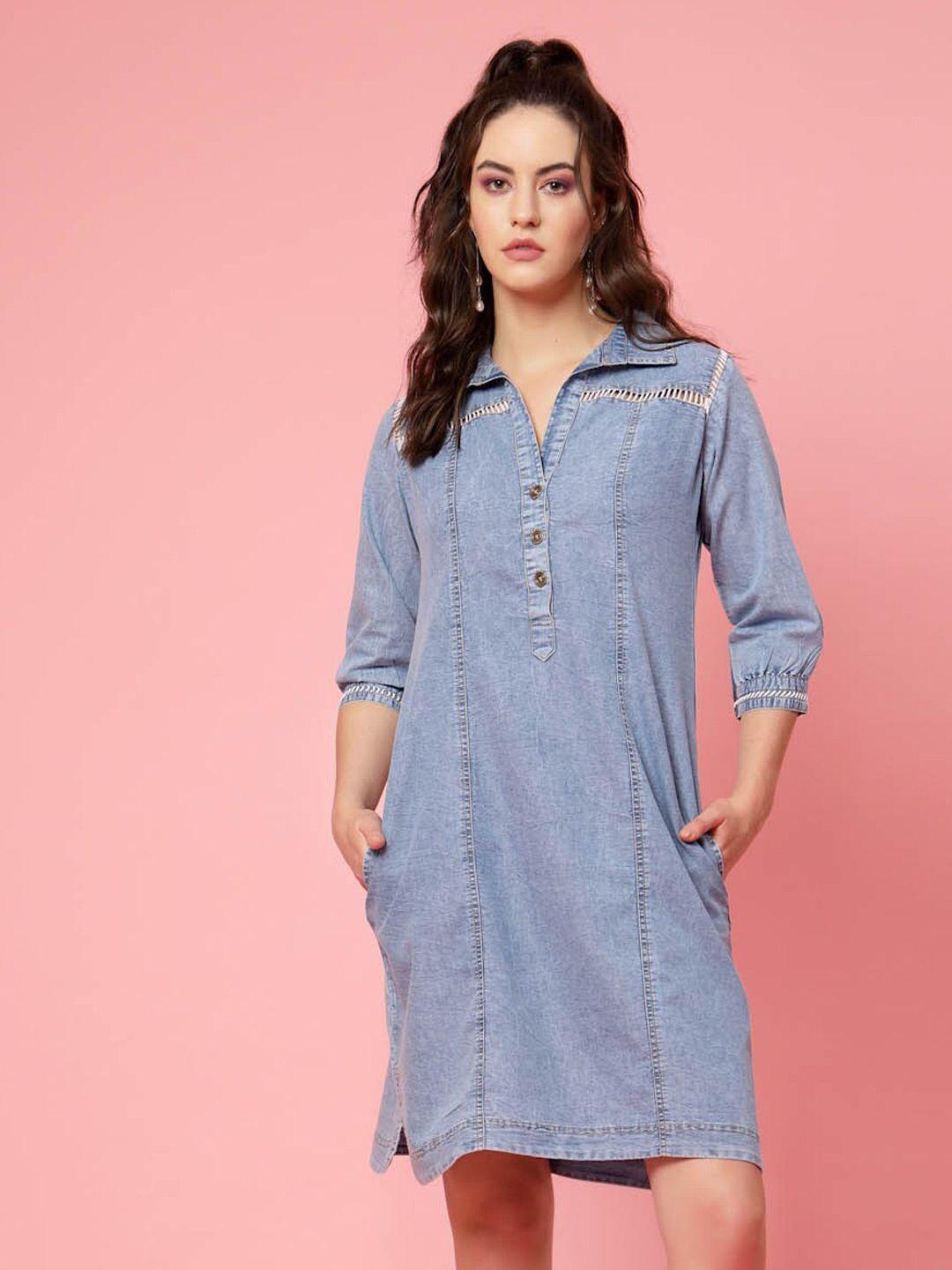 pluss blue shirt collar denim cotton a-line dress