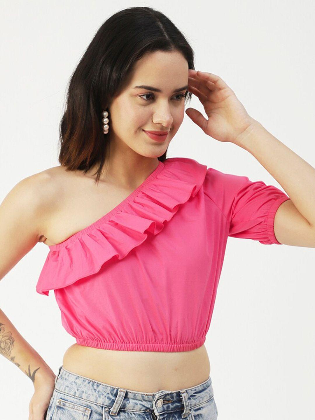 moomaya pink one shoulder puff sleeve cotton blouson crop top