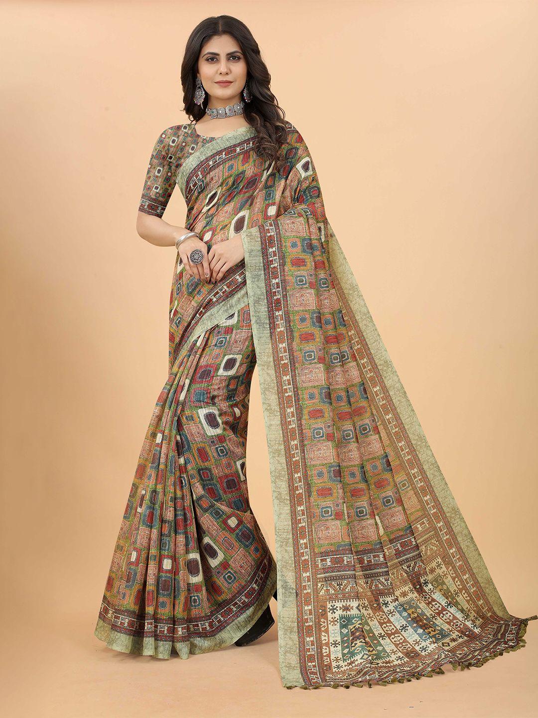 kiwie beige & green linen blend saree