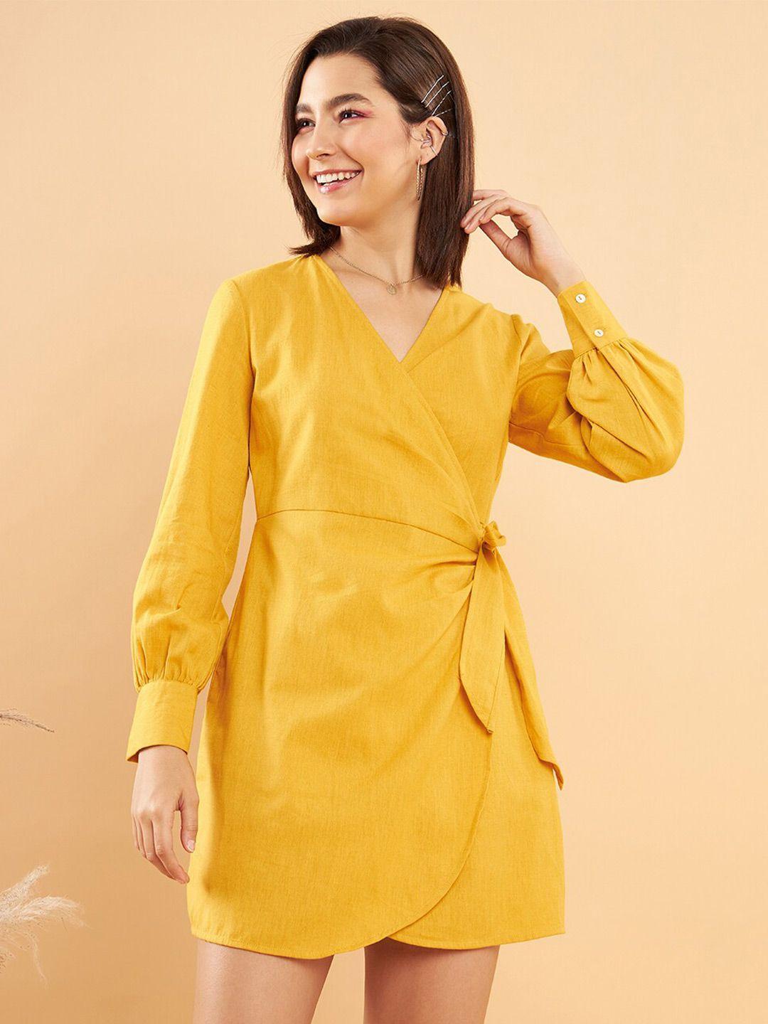 kassually mustard yellow v-neck cuffed sleeves tie ups pure cotton wrap dress