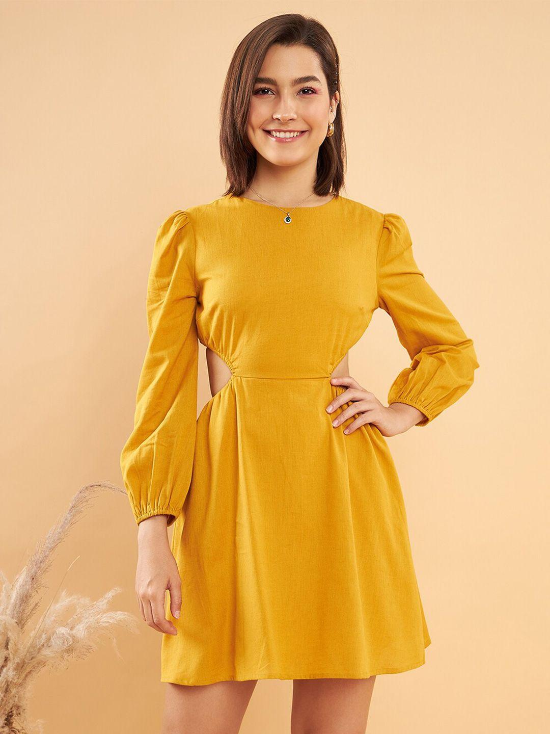 kassually mustard yellow puff sleeves cut out detail pure cotton fit & flare dress