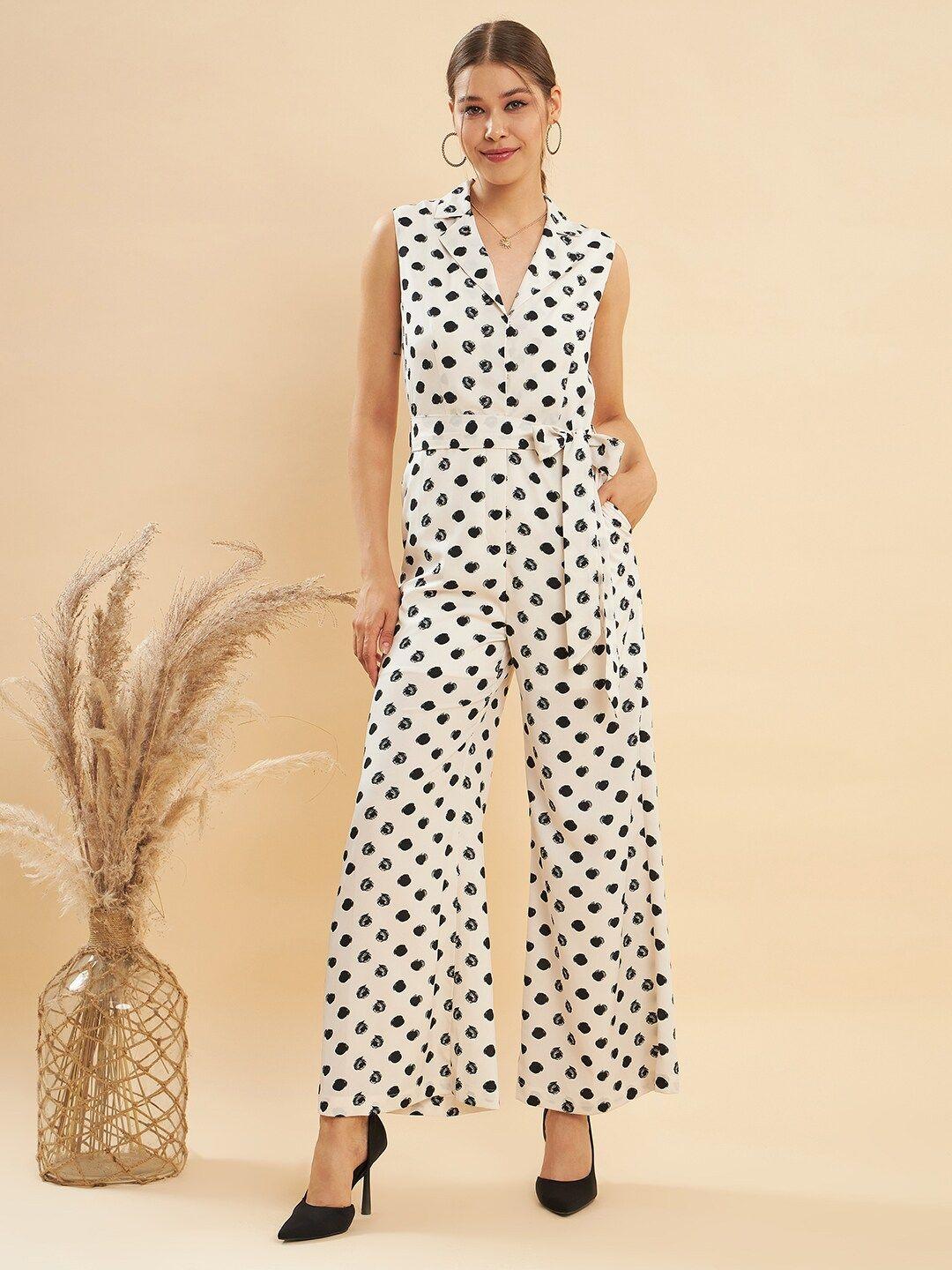 kassually white & black polka dots printed basic jumpsuit