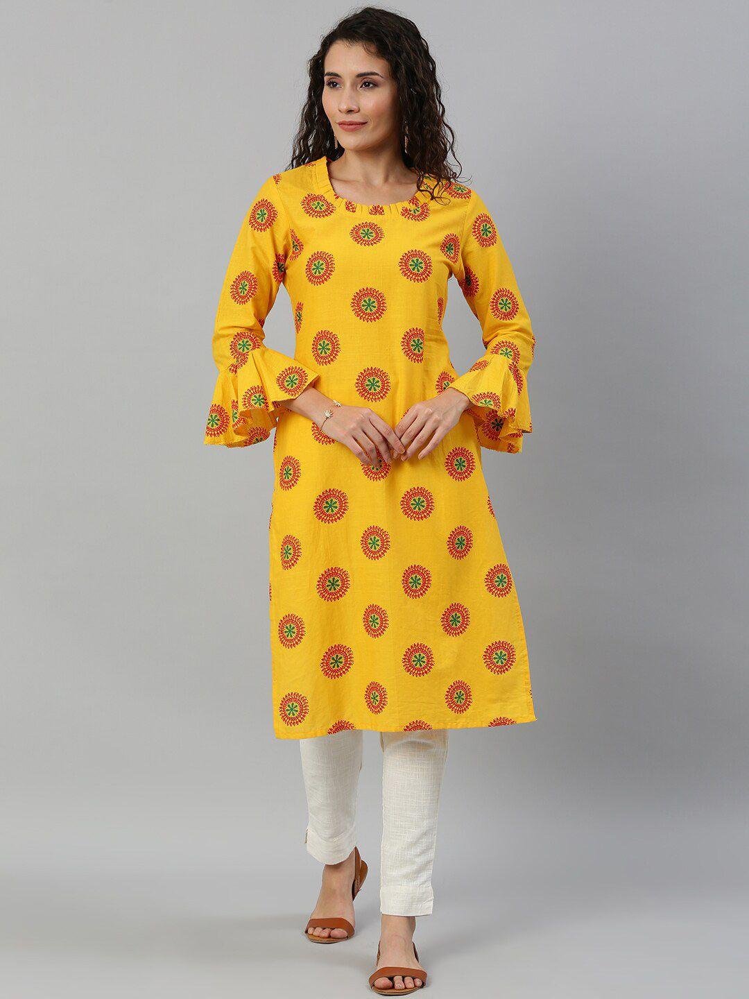 kalini ethnic motifs printed bell sleeves regular pure cotton kurta