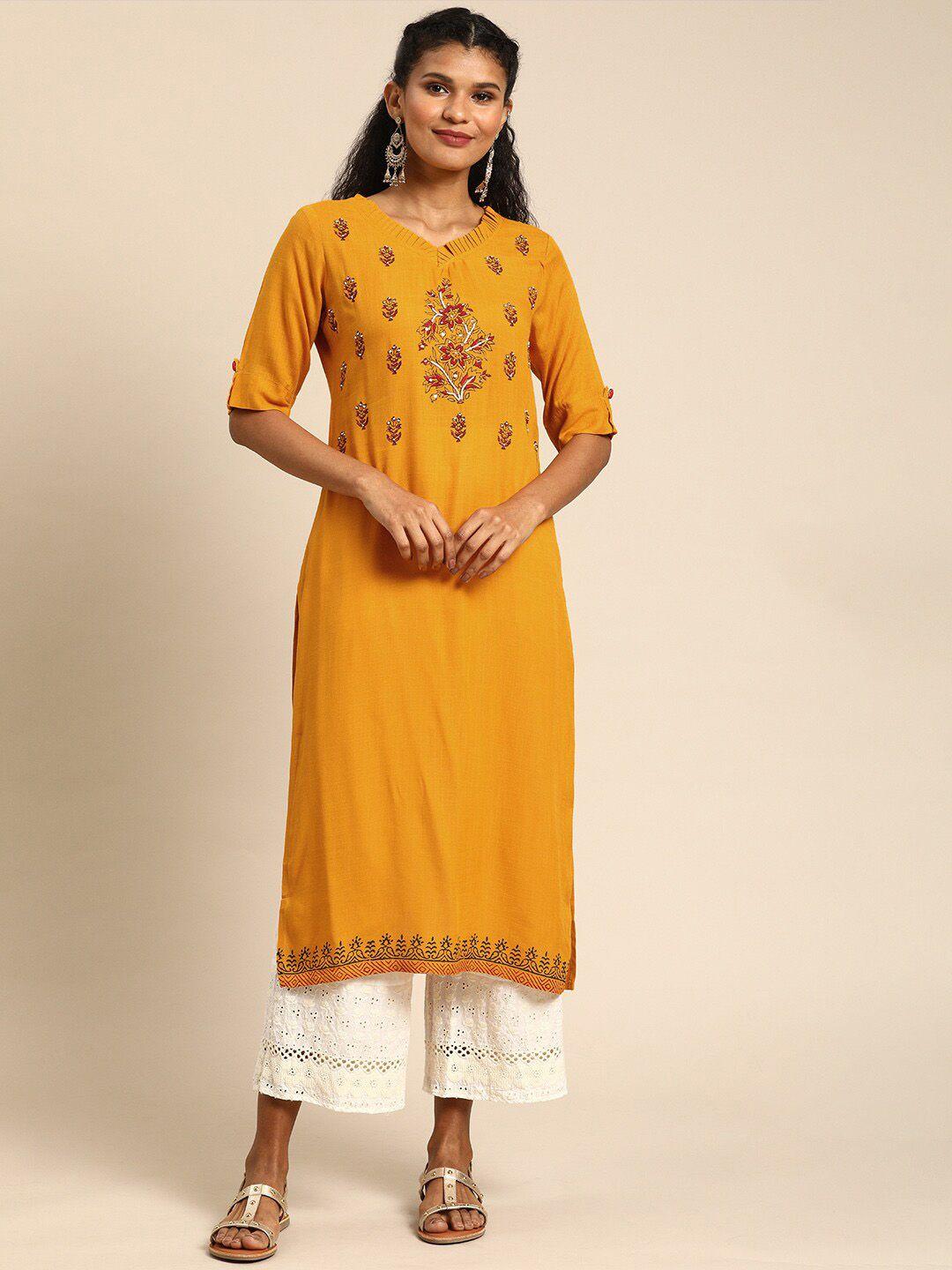 kalini floral printed beads work roll-up sleeves regular kurta