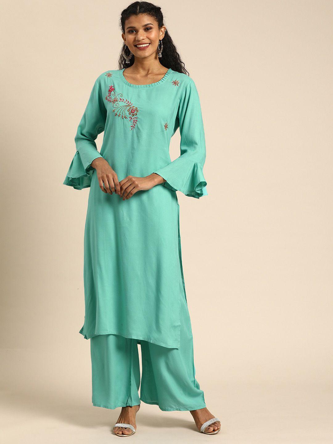 kalini floral embroidered flared sleeves kurta with palazzos