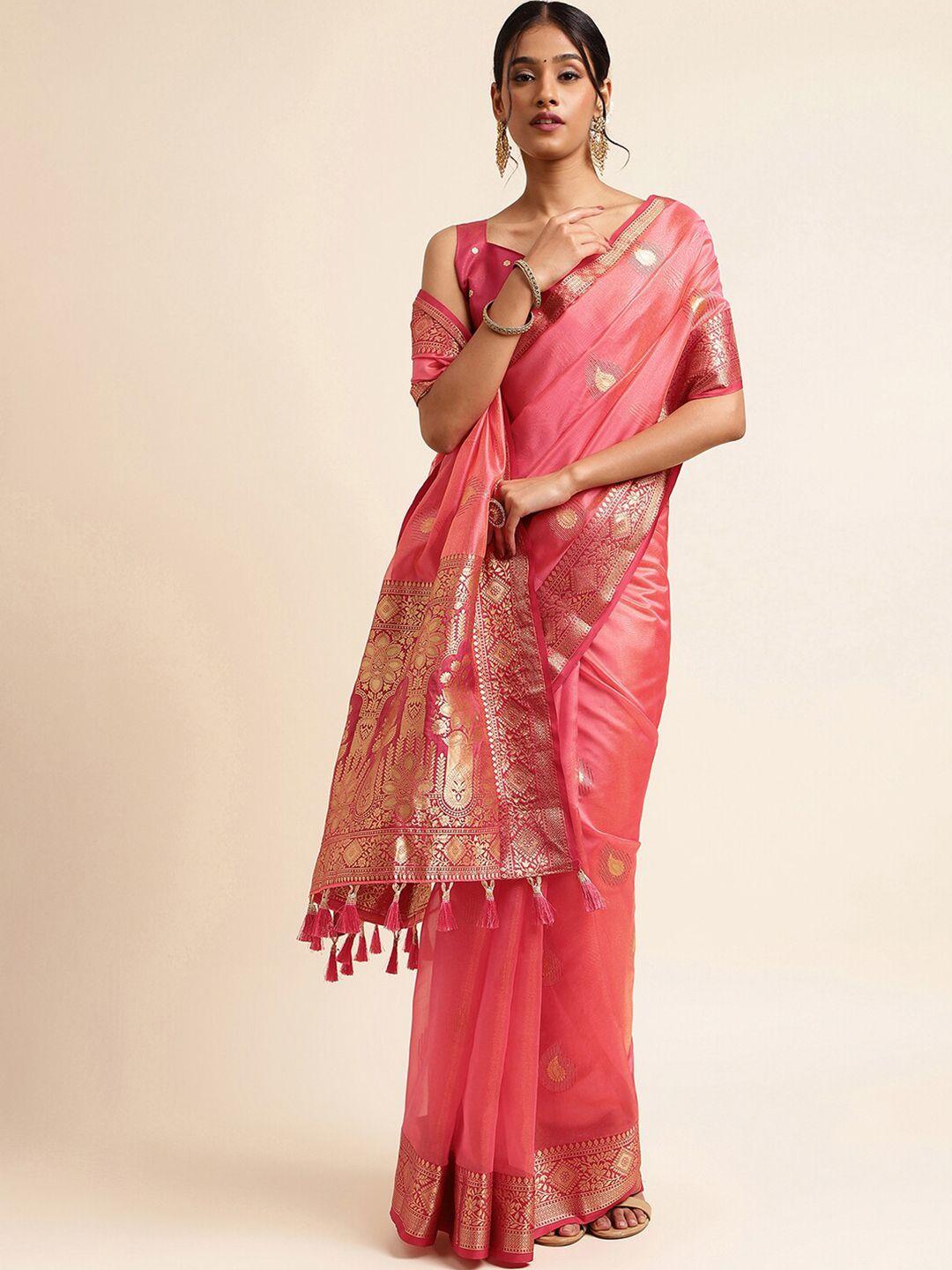 mitera pink & gold-toned woven design zari tissue banarasi saree