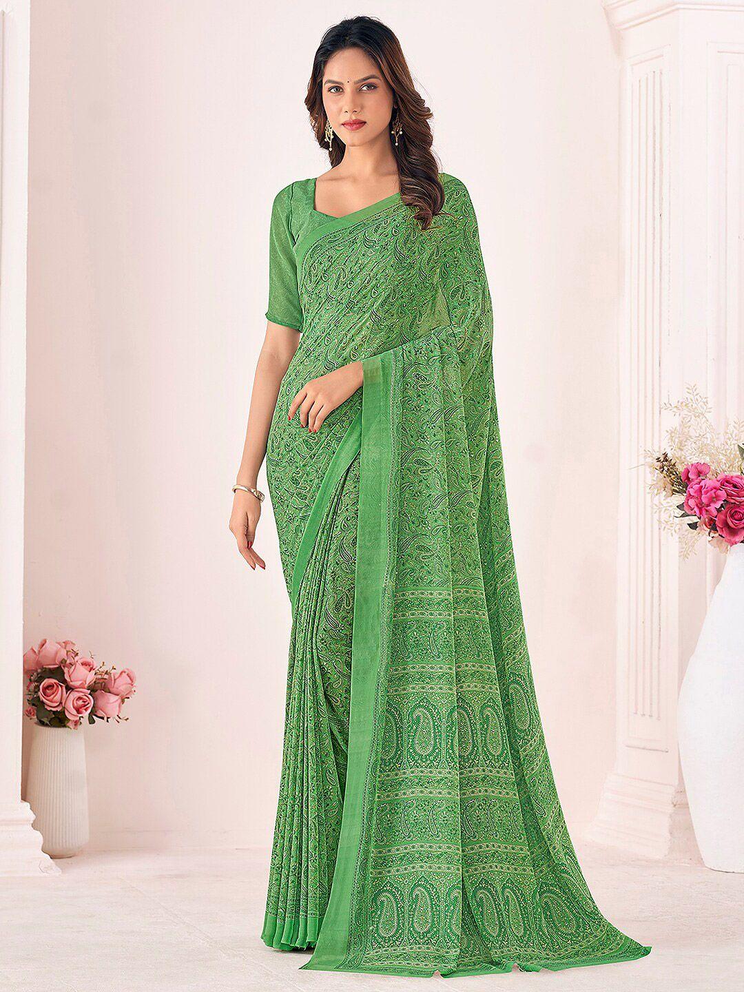 mitera green paisley printed poly georgette saree