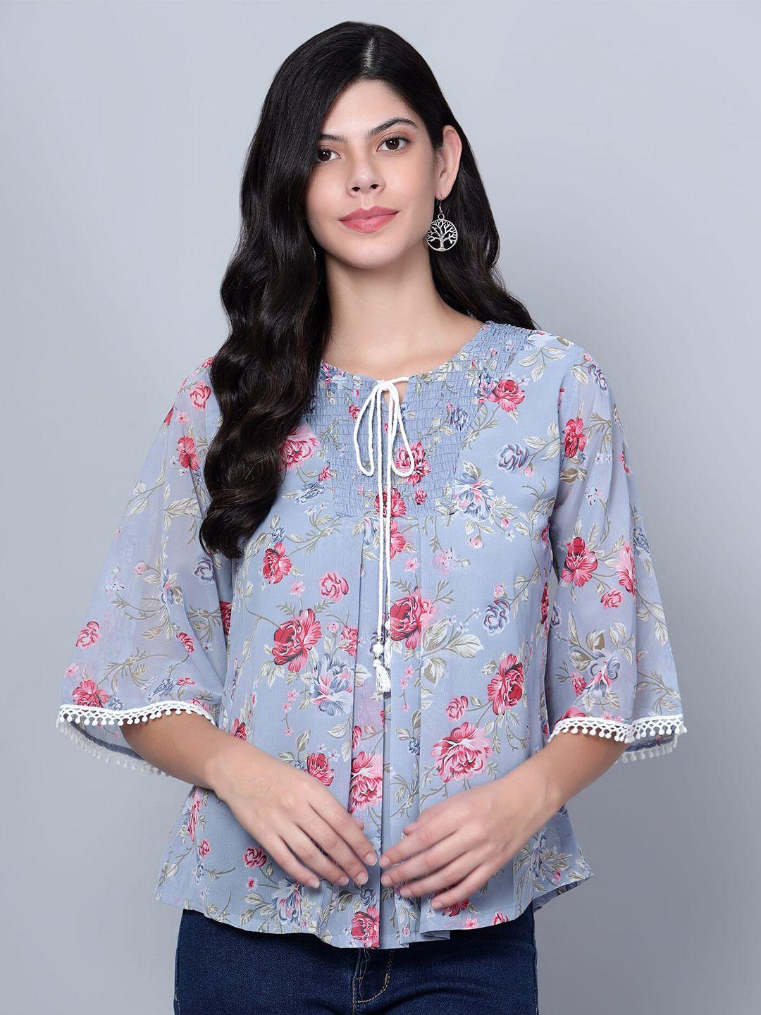 sky heights floral printed tie-up neck smocked flared sleeves georgette top