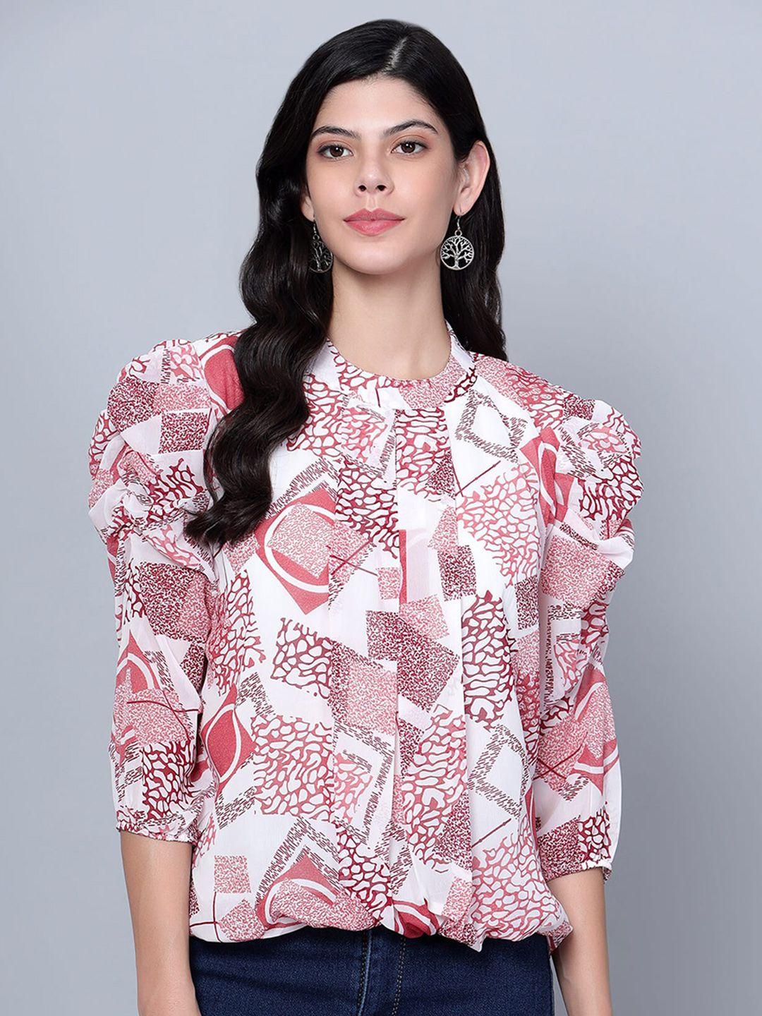 sky heights abstract printed high neck puff sleeves georgette top