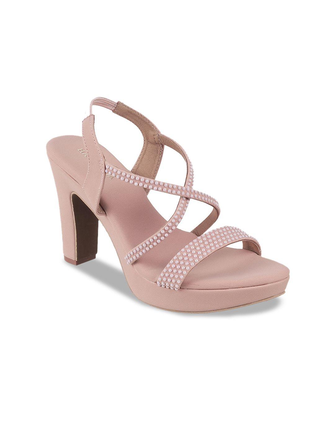 mochi peach-coloured embellished block pumps