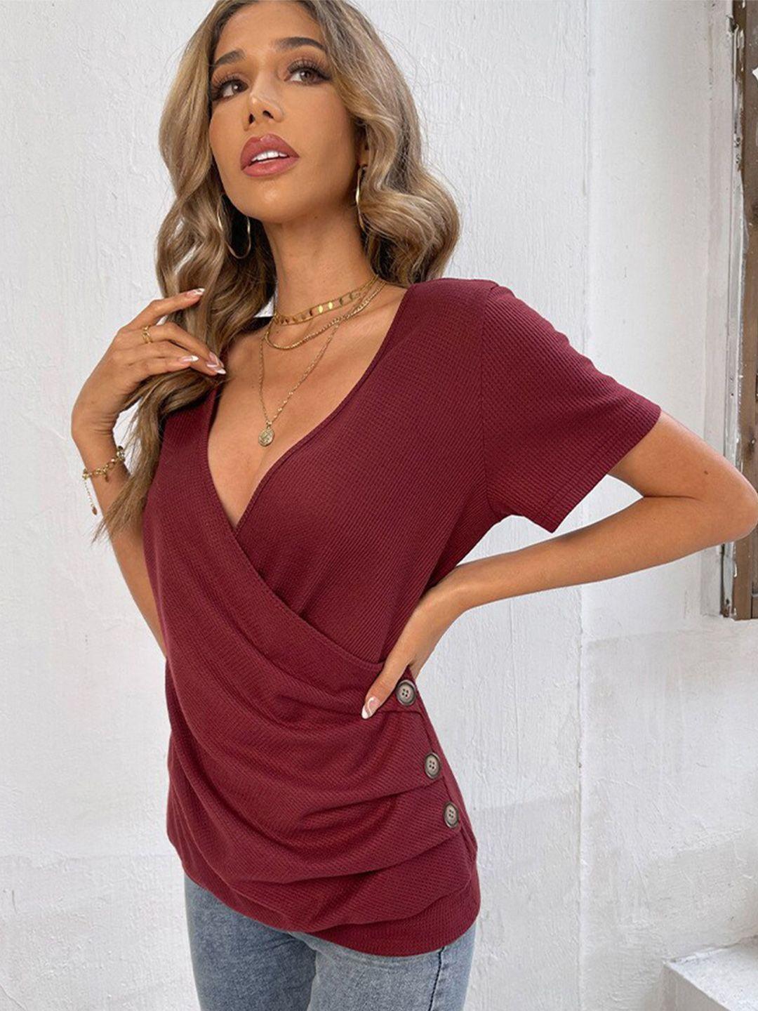 bostreet maroon v-neck short sleeves top