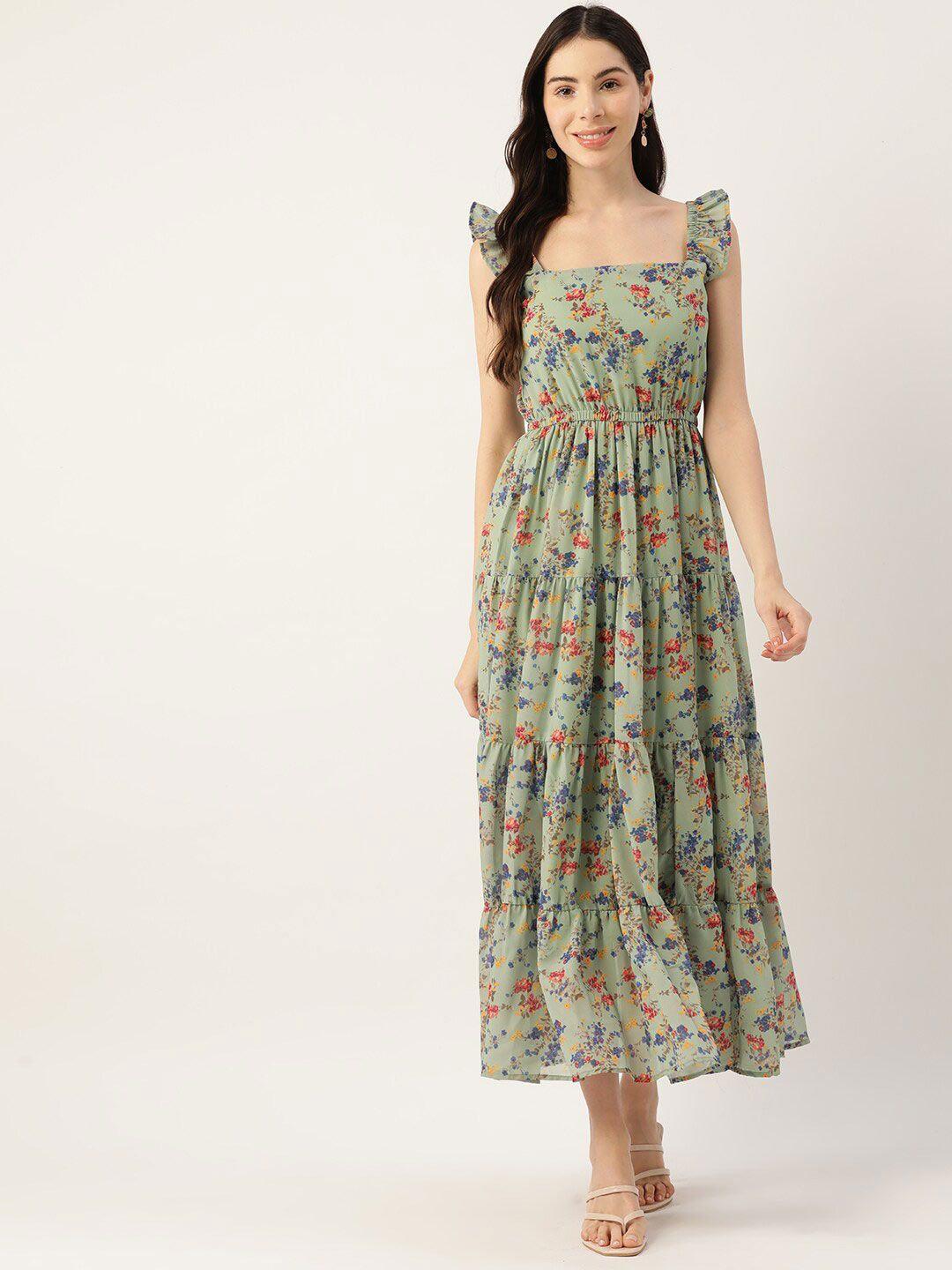 dressberry green floral printed square neck fit & flare maxi dress