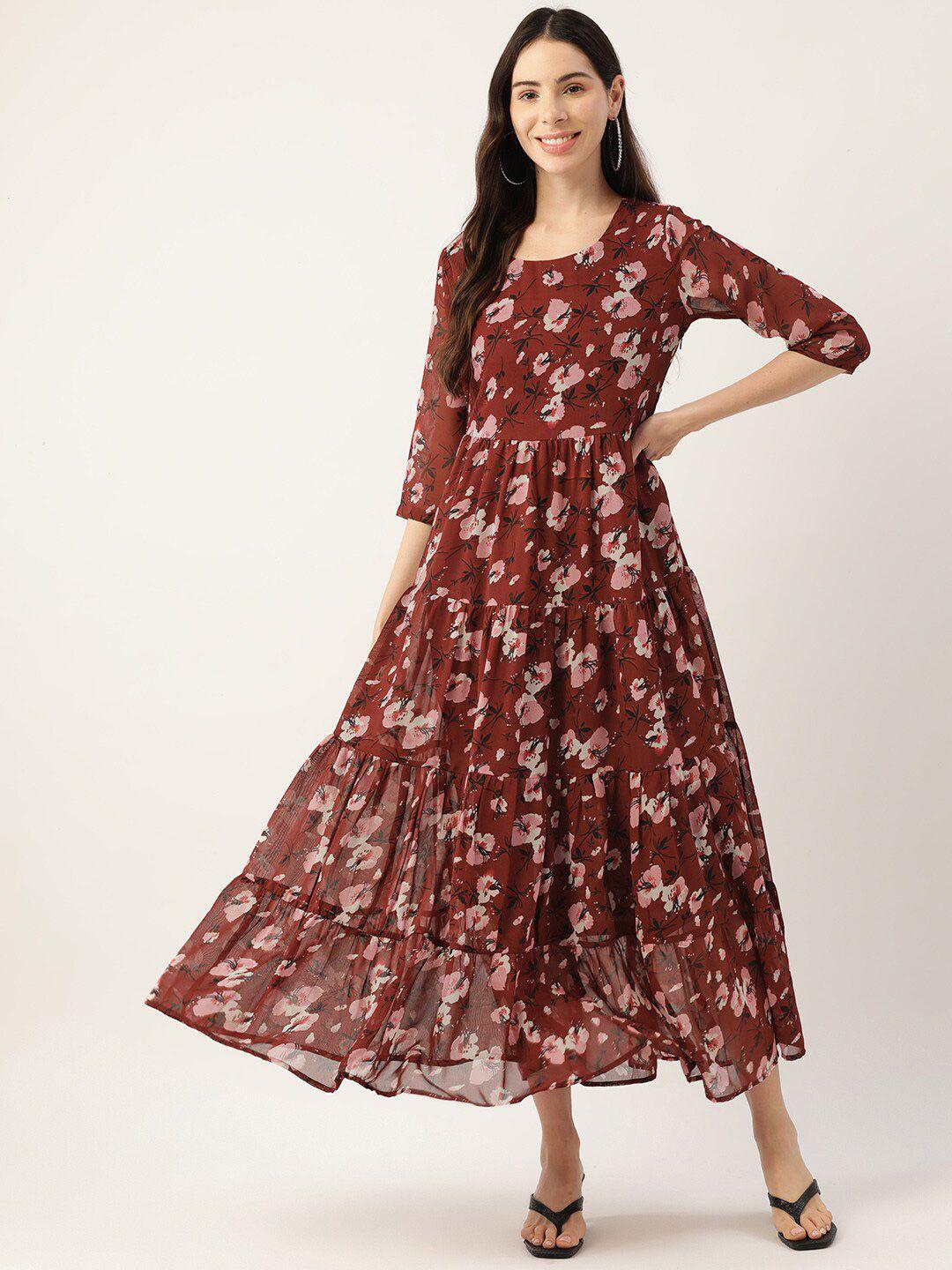 dressberry maroon floral printed tiered detailed fit & flare dress