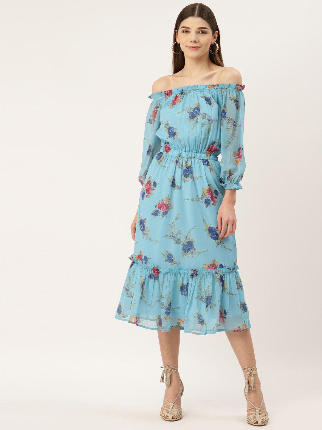 dressberry blue floral printed off-shoulder puff sleeve georgette fit & flare midi dress