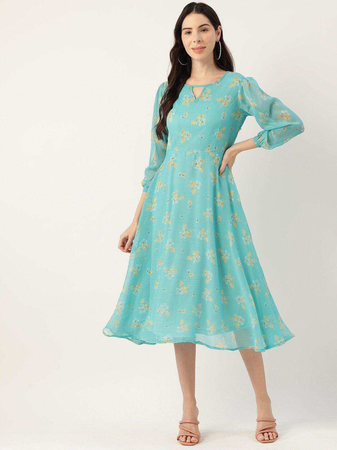 dressberry blue floral printed keyhole neck puff sleeve a-line midi dress