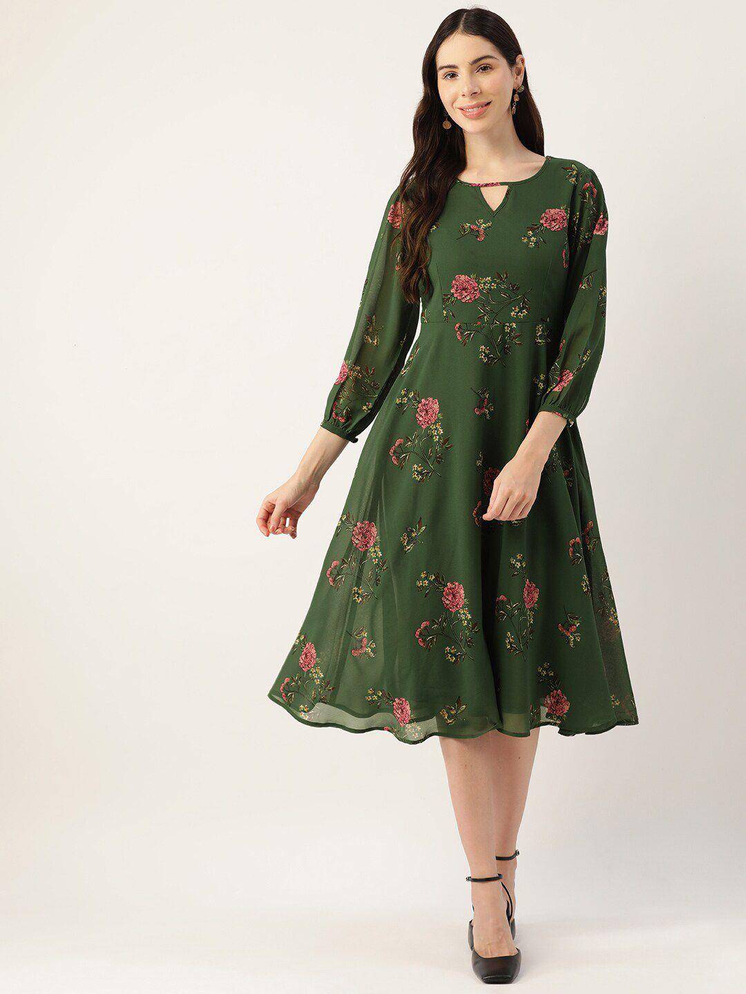 dressberry green & pink floral printed puff sleeve georgette fit & flare midi dress