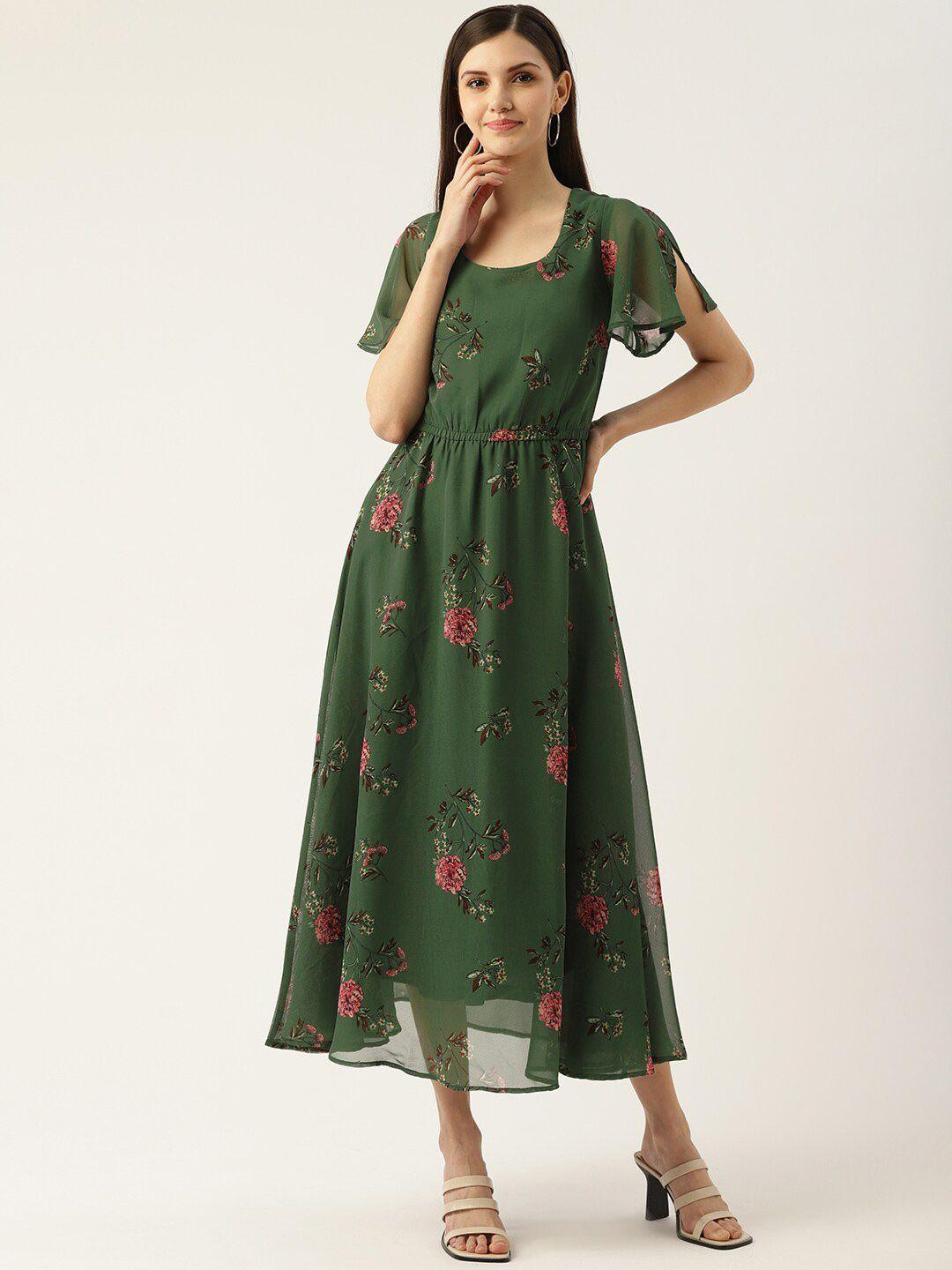 dressberry green floral print square neck gathered georgette fit & flare midi dress