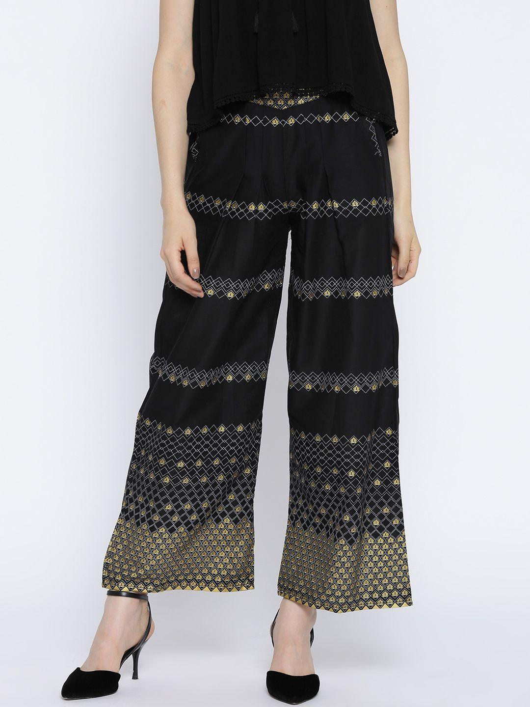 aurelia women black & gold-toned printed straight palazzos