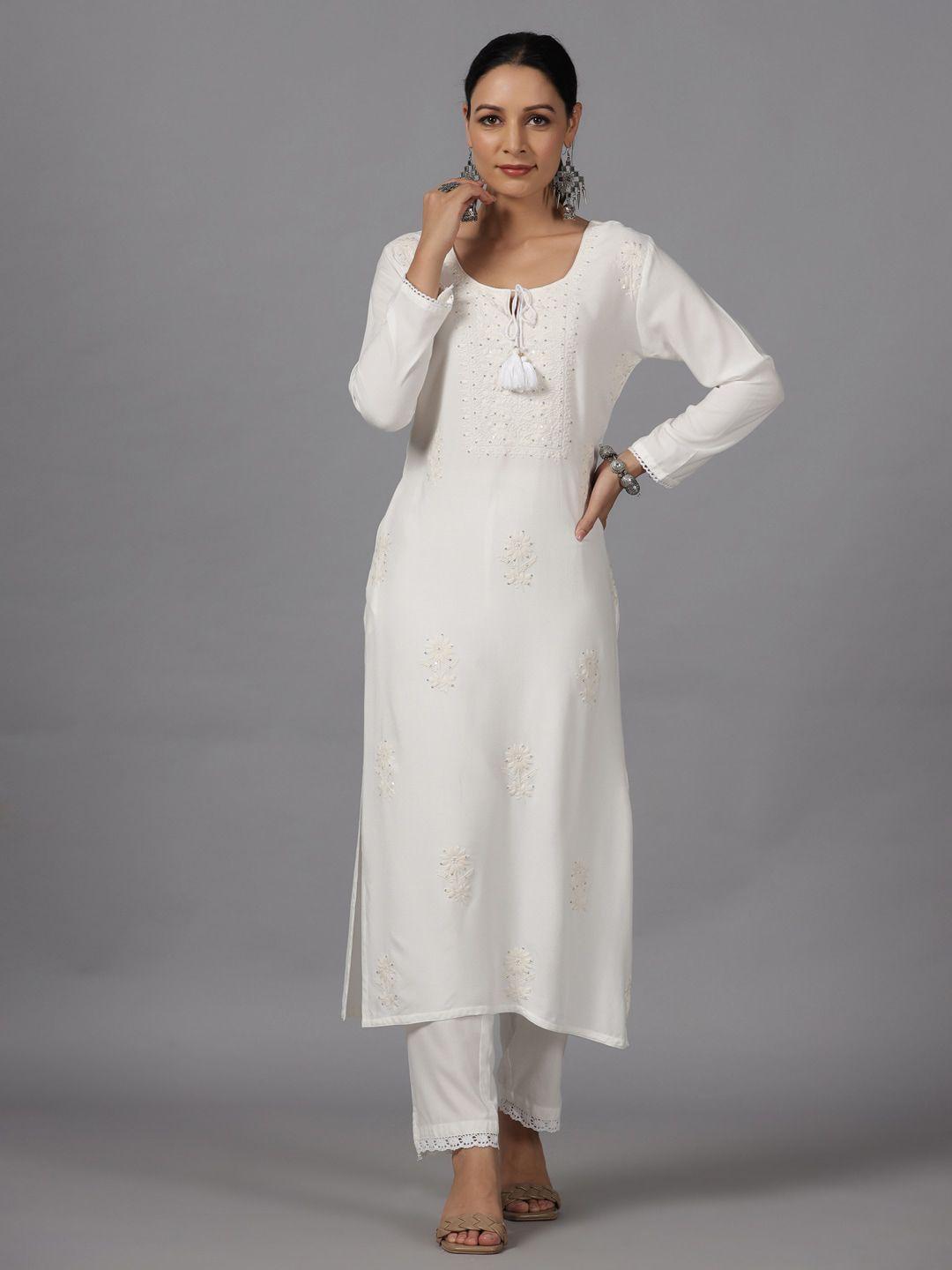 amchoor floral embroidered sequined detail tie-up neck straight kurta