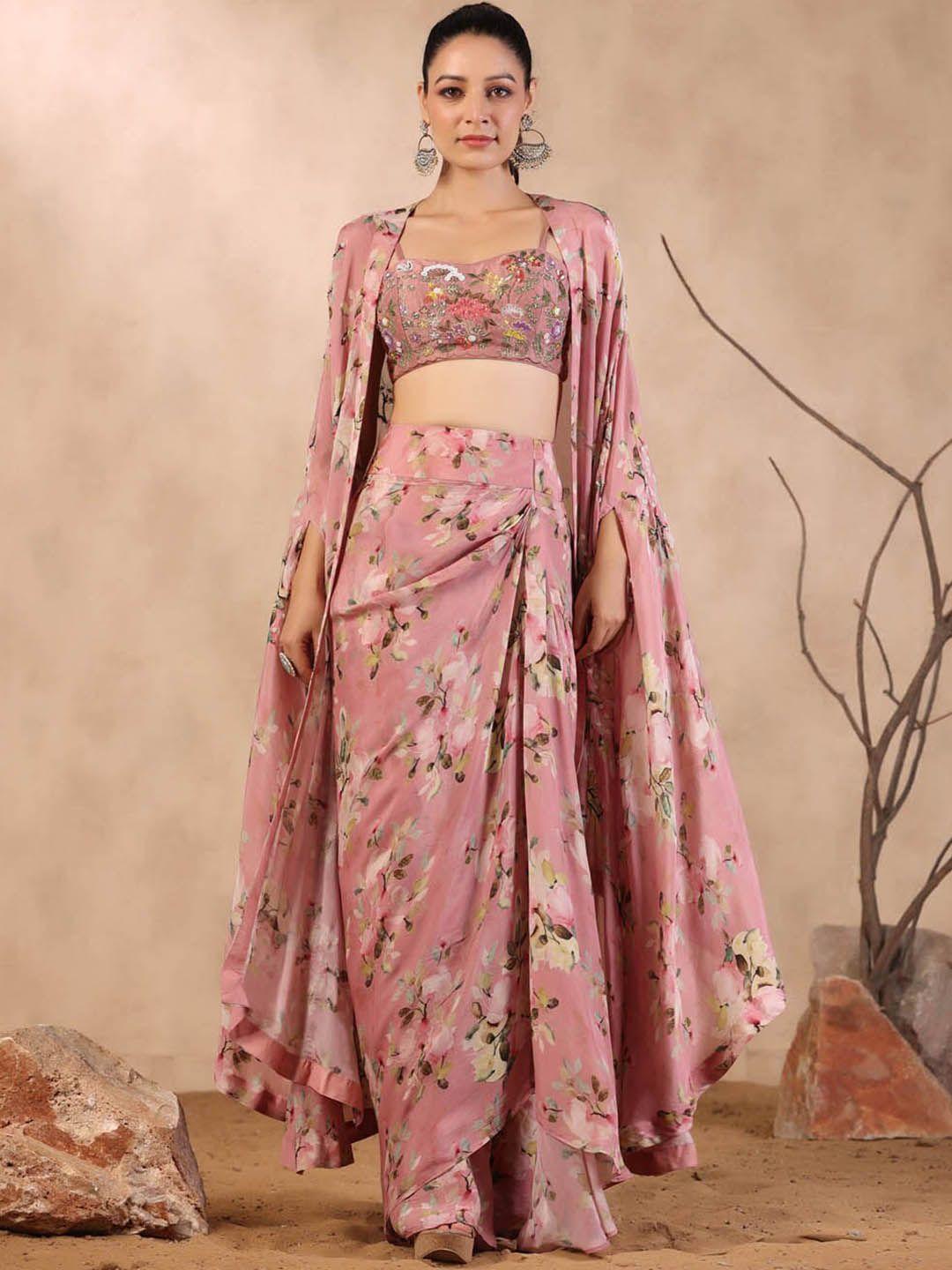 meena bazaar floral printed top & skirt with shrug