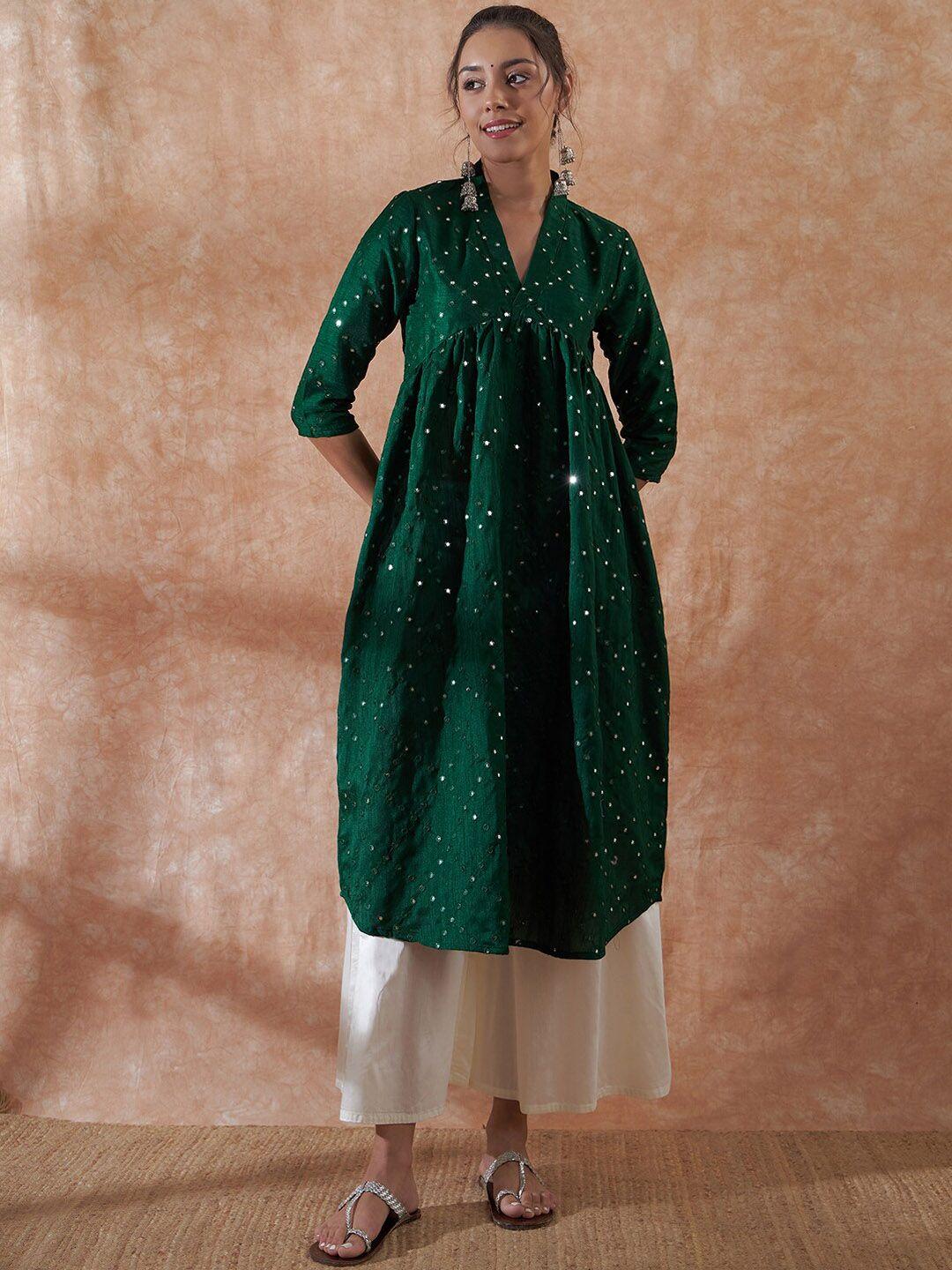 inweave green embellished mirrior work dupion silk kurta