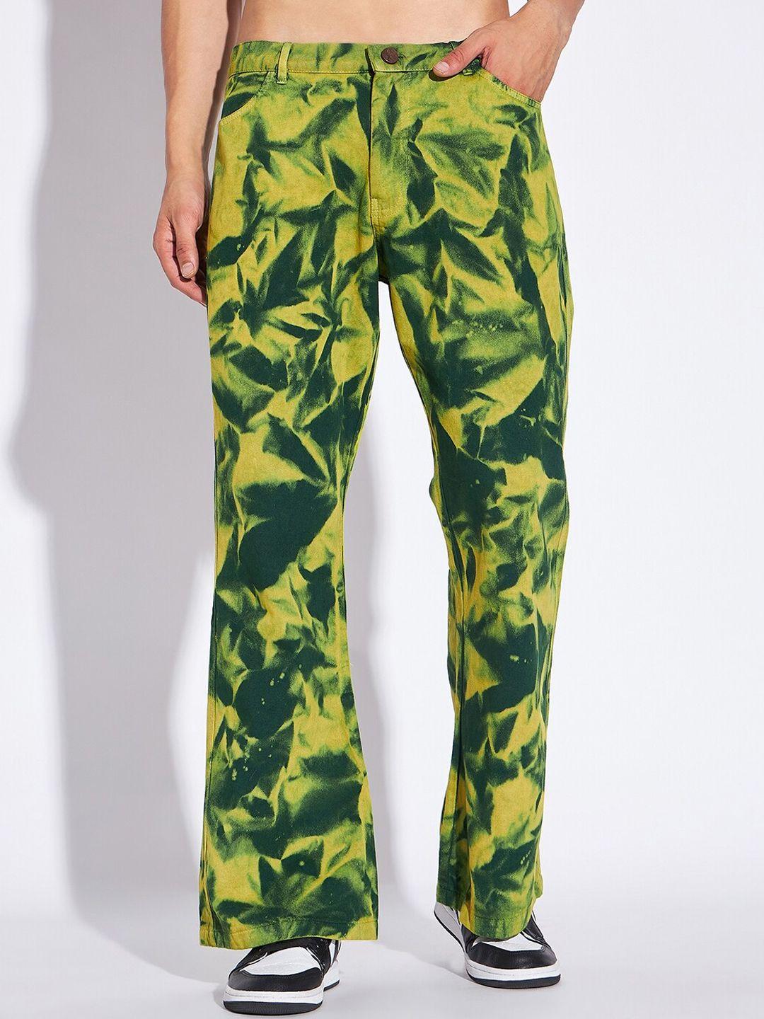 fugazee men yellow & green abstract printed relaxed loose fit pure cotton bootcut trousers