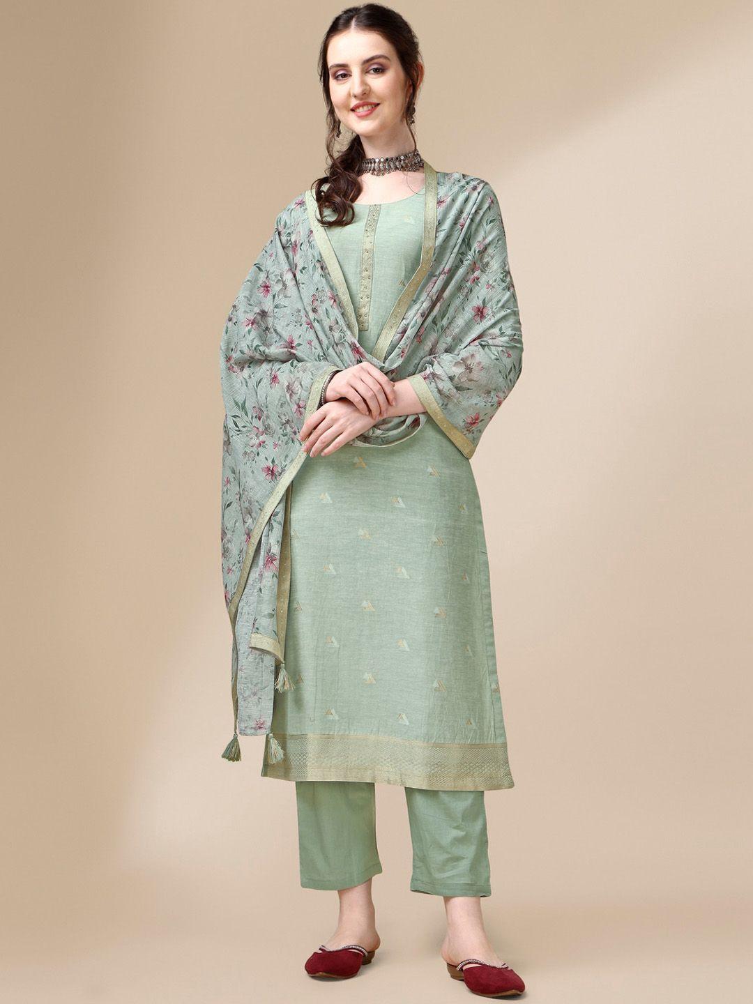 seerat geometric woven design round neck linen straight kurta & trousers with dupatta