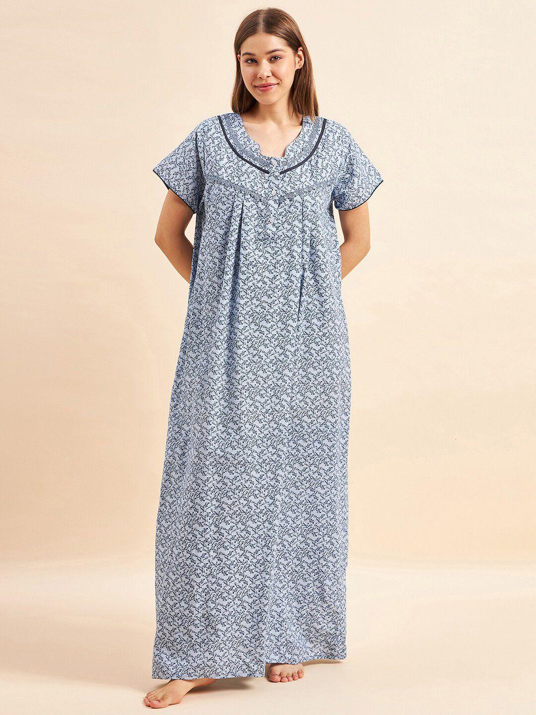 sweet dreams navy blue floral printed pure cotton maxi nightdress