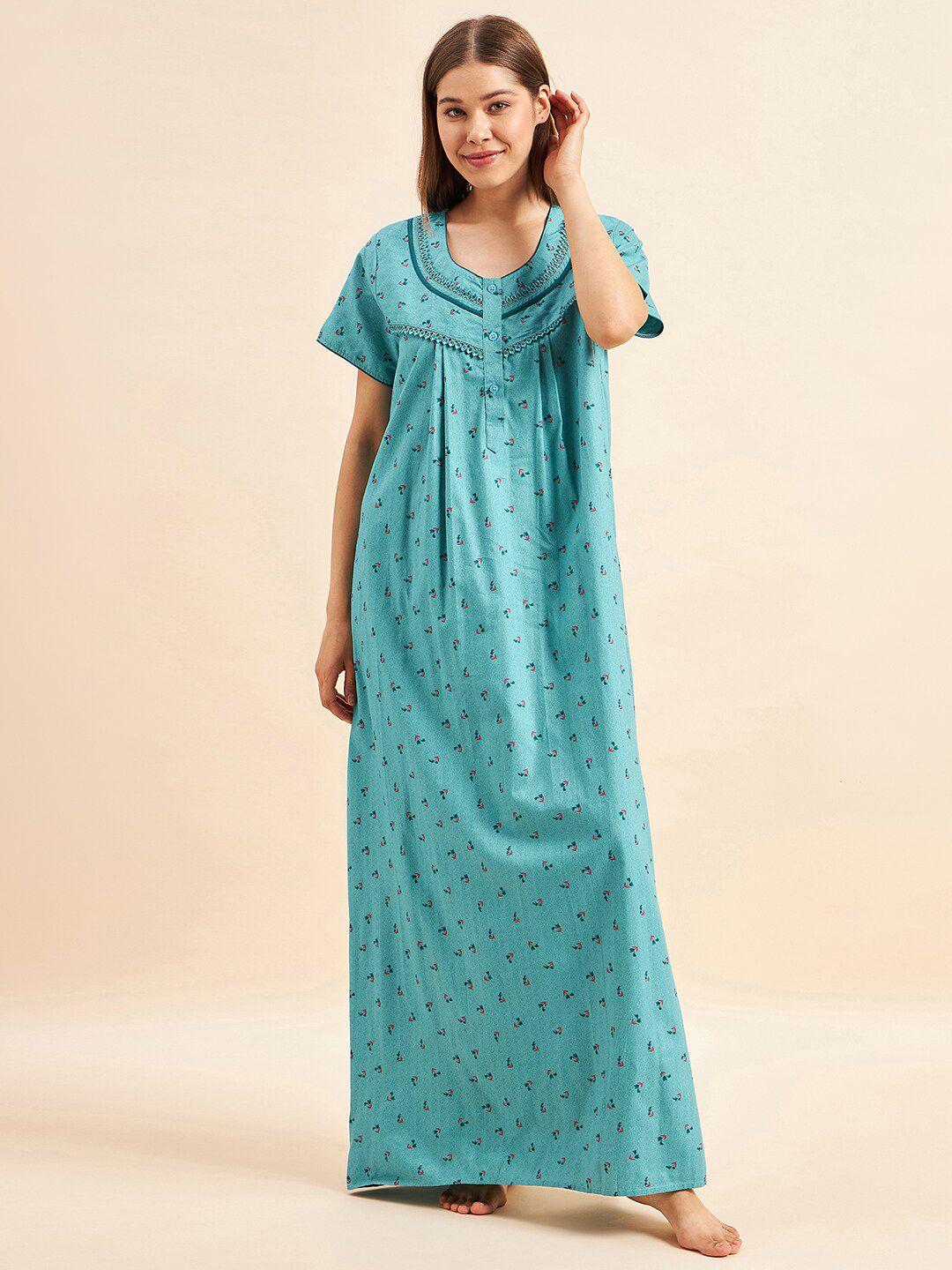 sweet dreams green floral printed pure cotton maxi nightdress