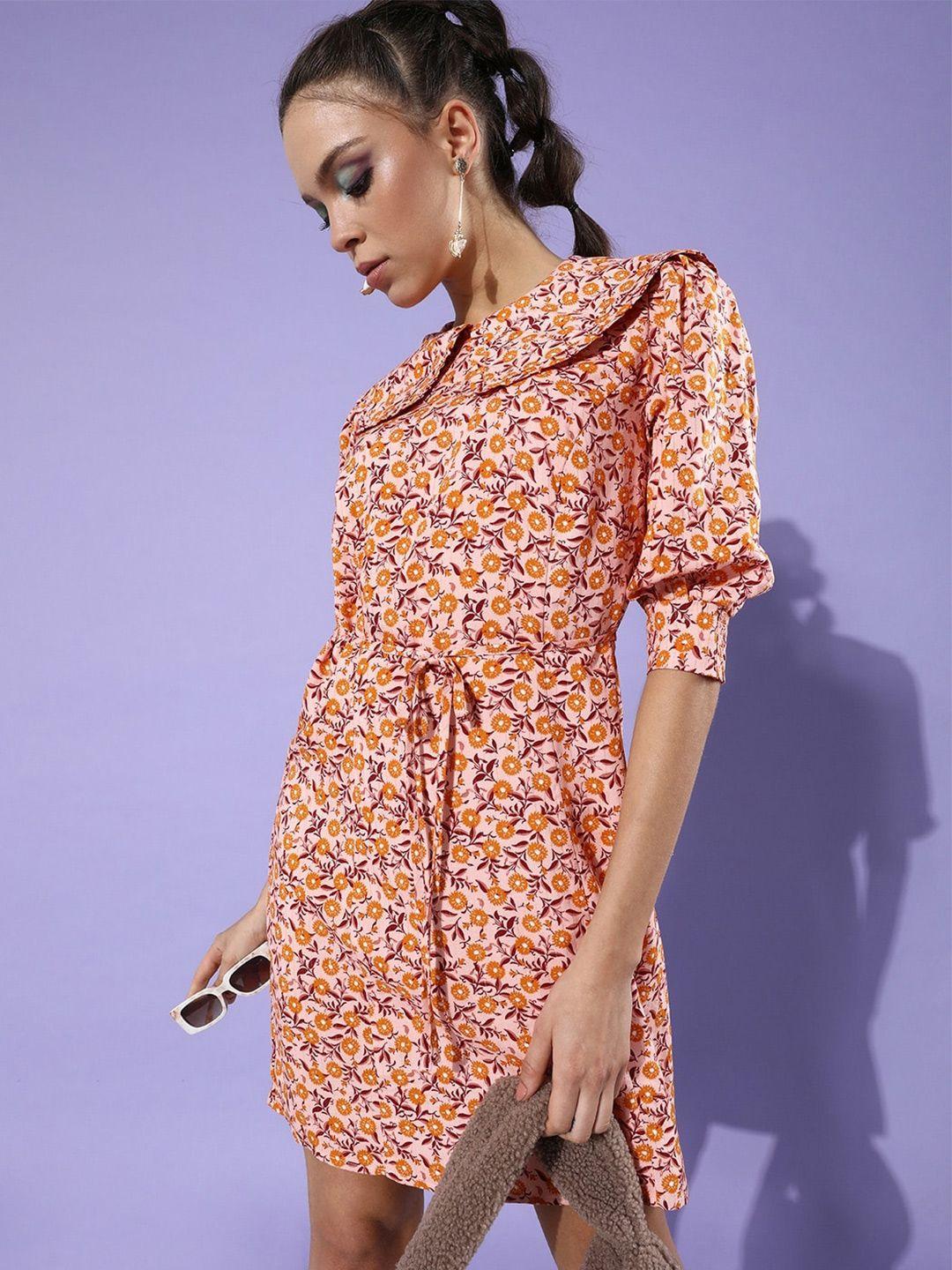 ani orange & peach floral printed peter pan collar cuffed sleeve tie-ups a-line dress