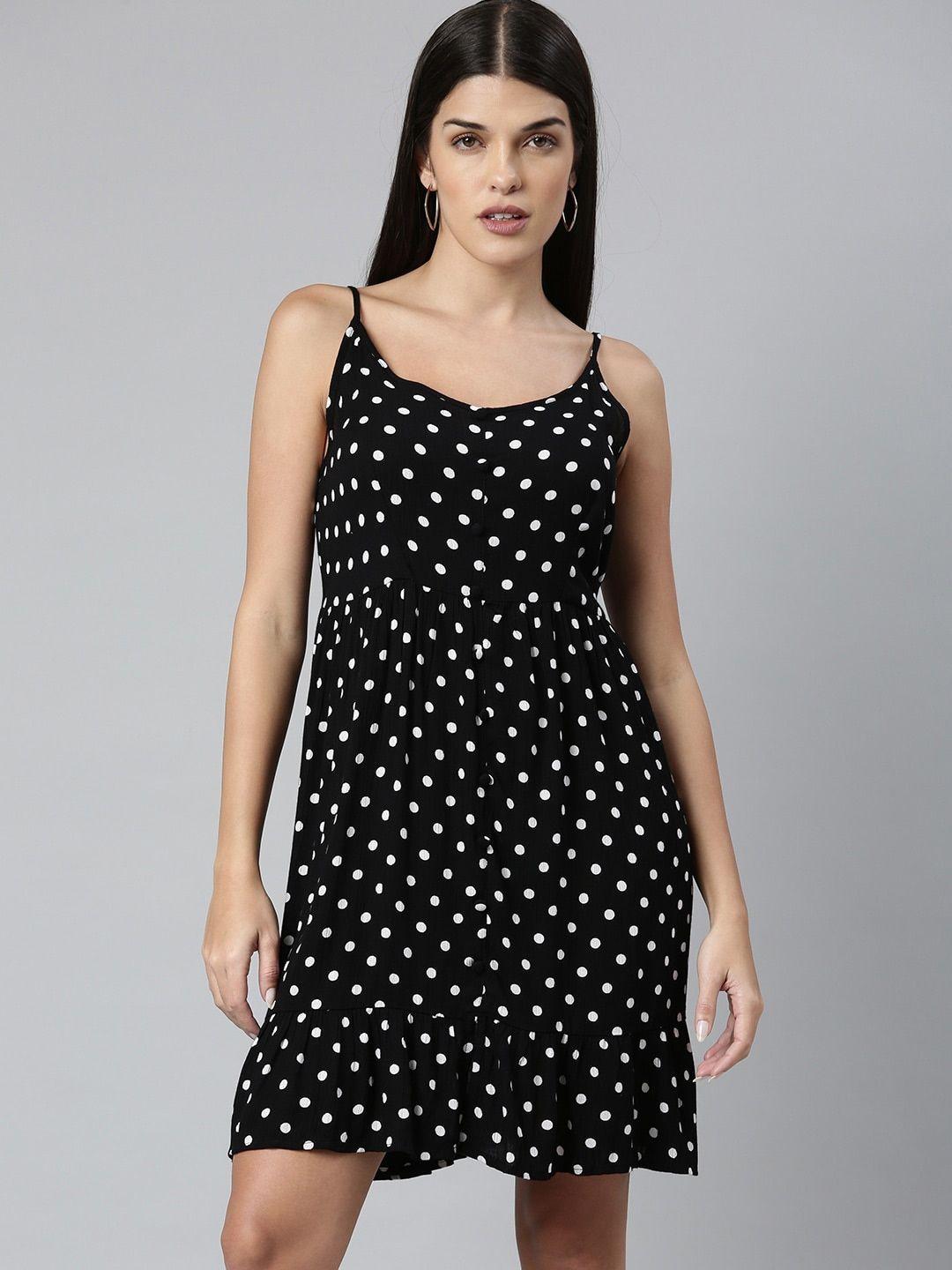 ani black polka dots printed shoulder straps gathered tiered a-line dress