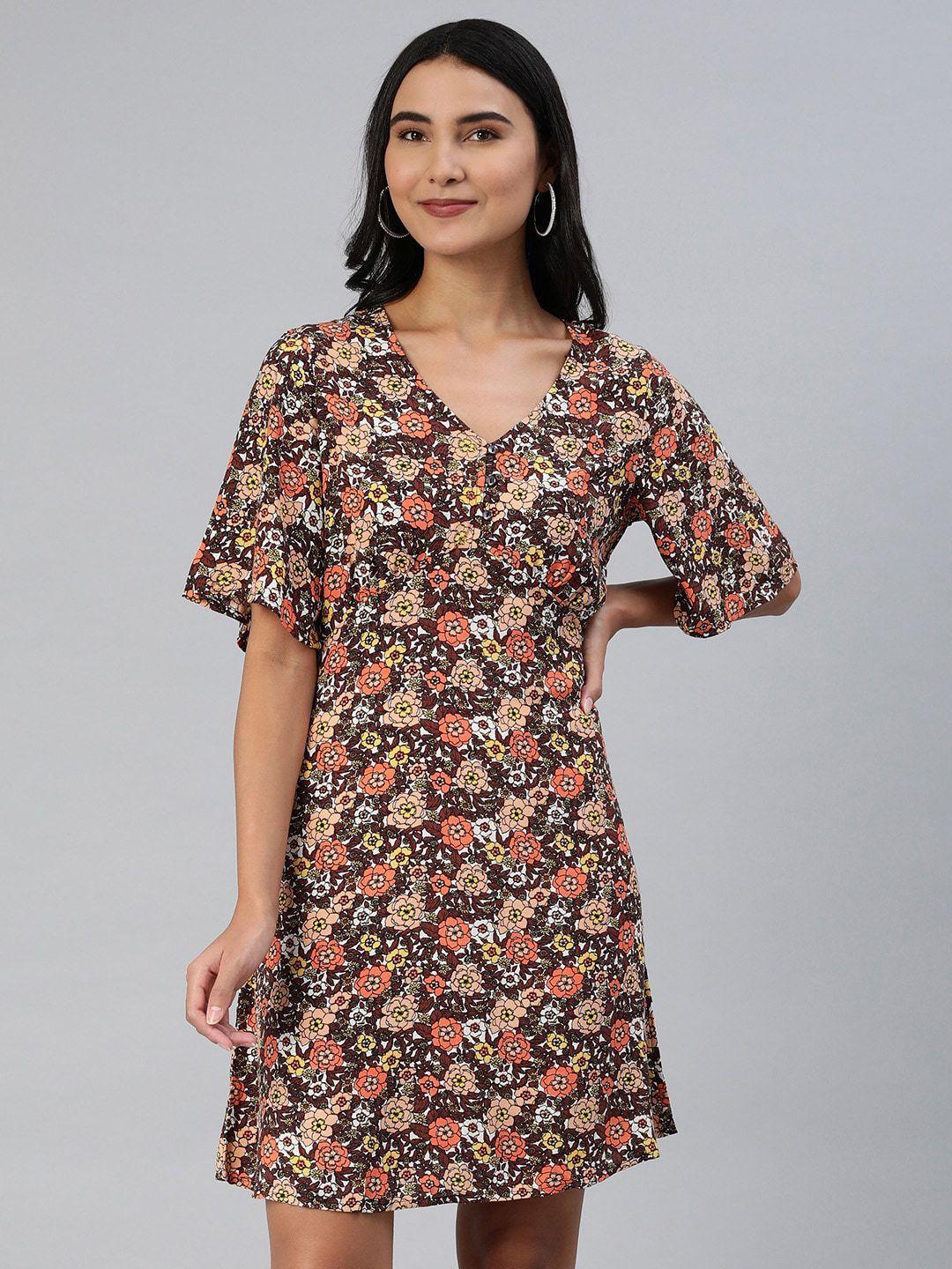 ani brown & orange floral printed flared sleeve v-neck gathered a-line dress