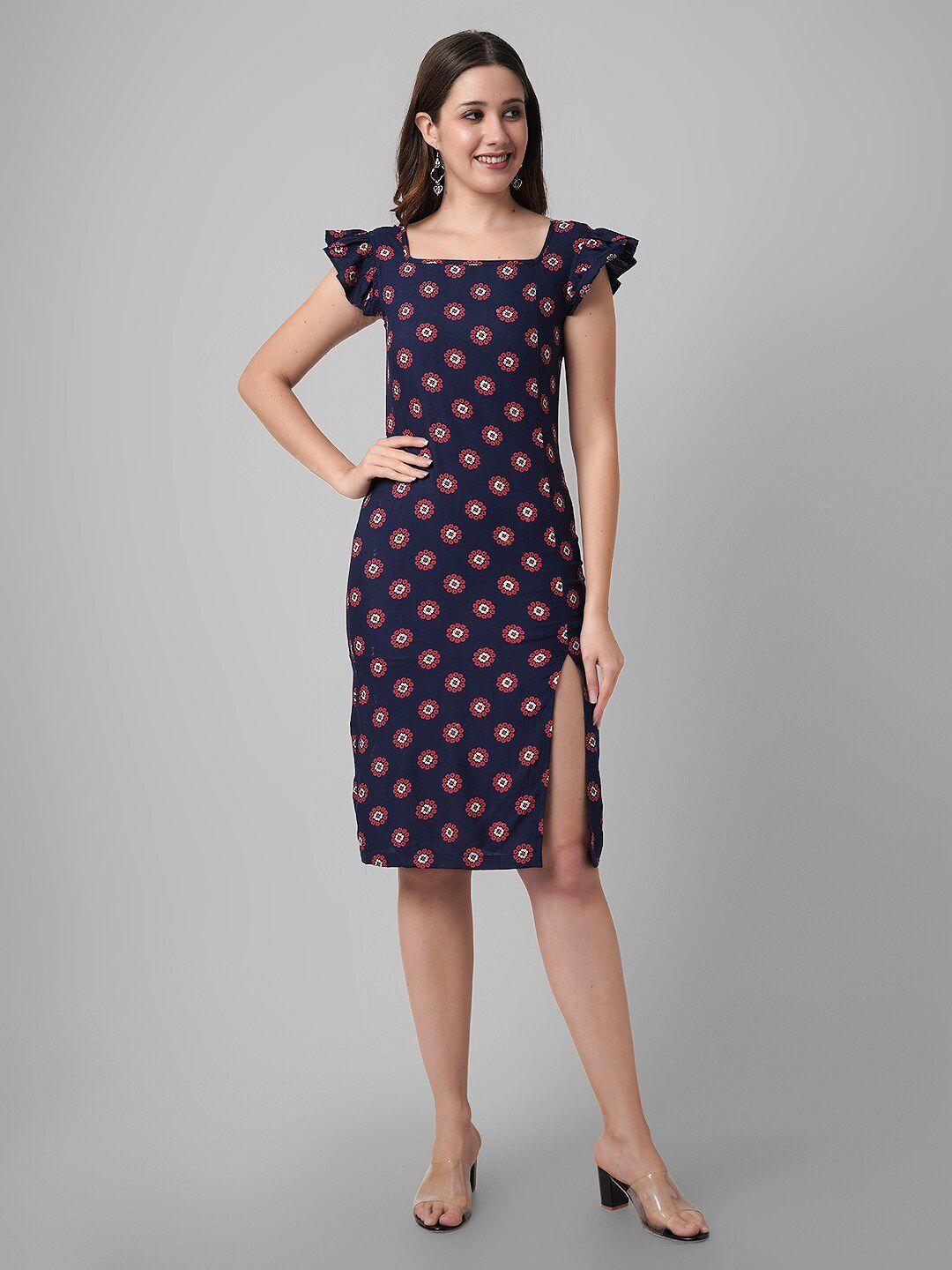 daevish floral printed square neck flutter sleeve sheath dress