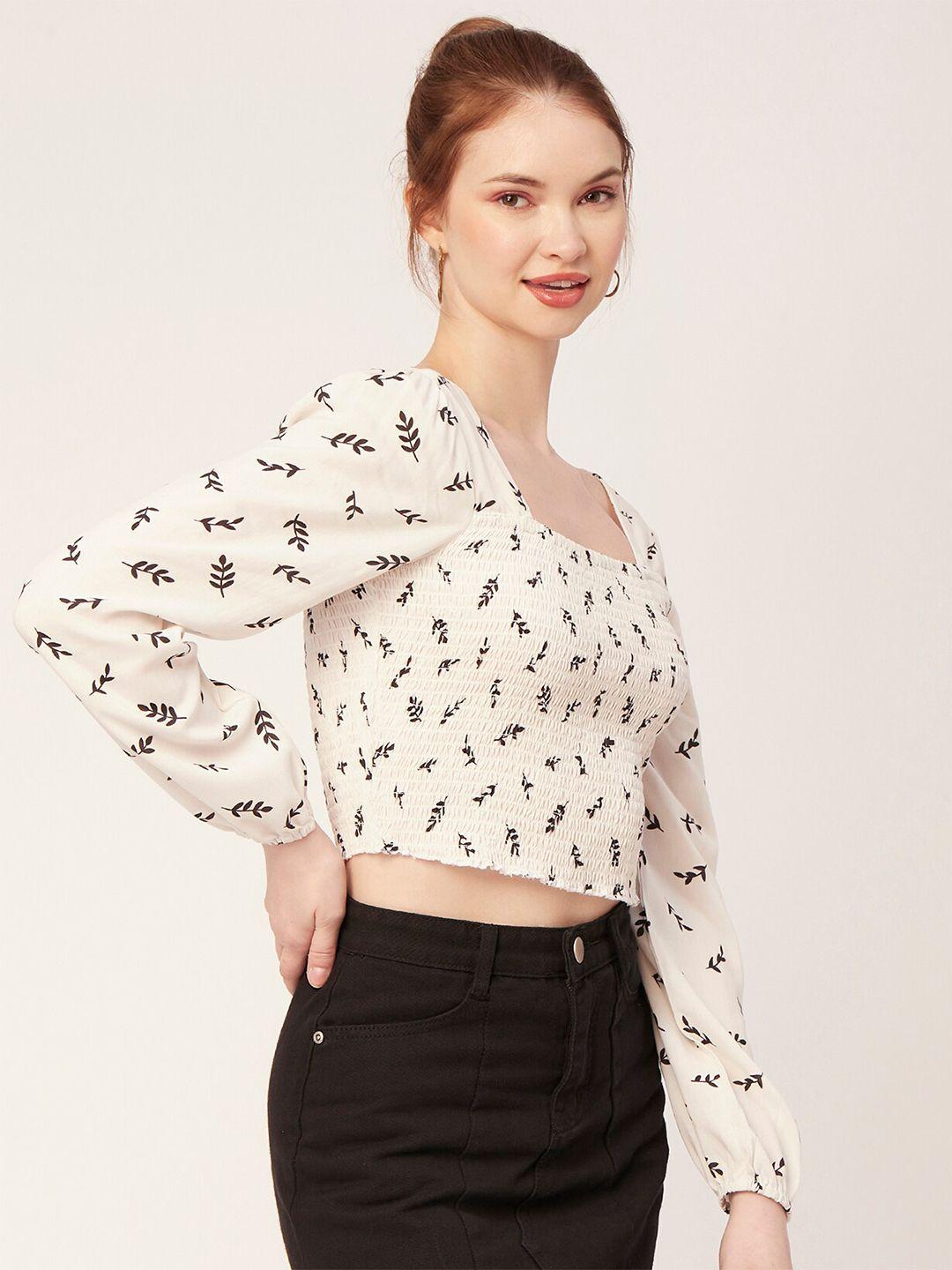 moomaya floral printed puff sleeves smocked fitted crop top