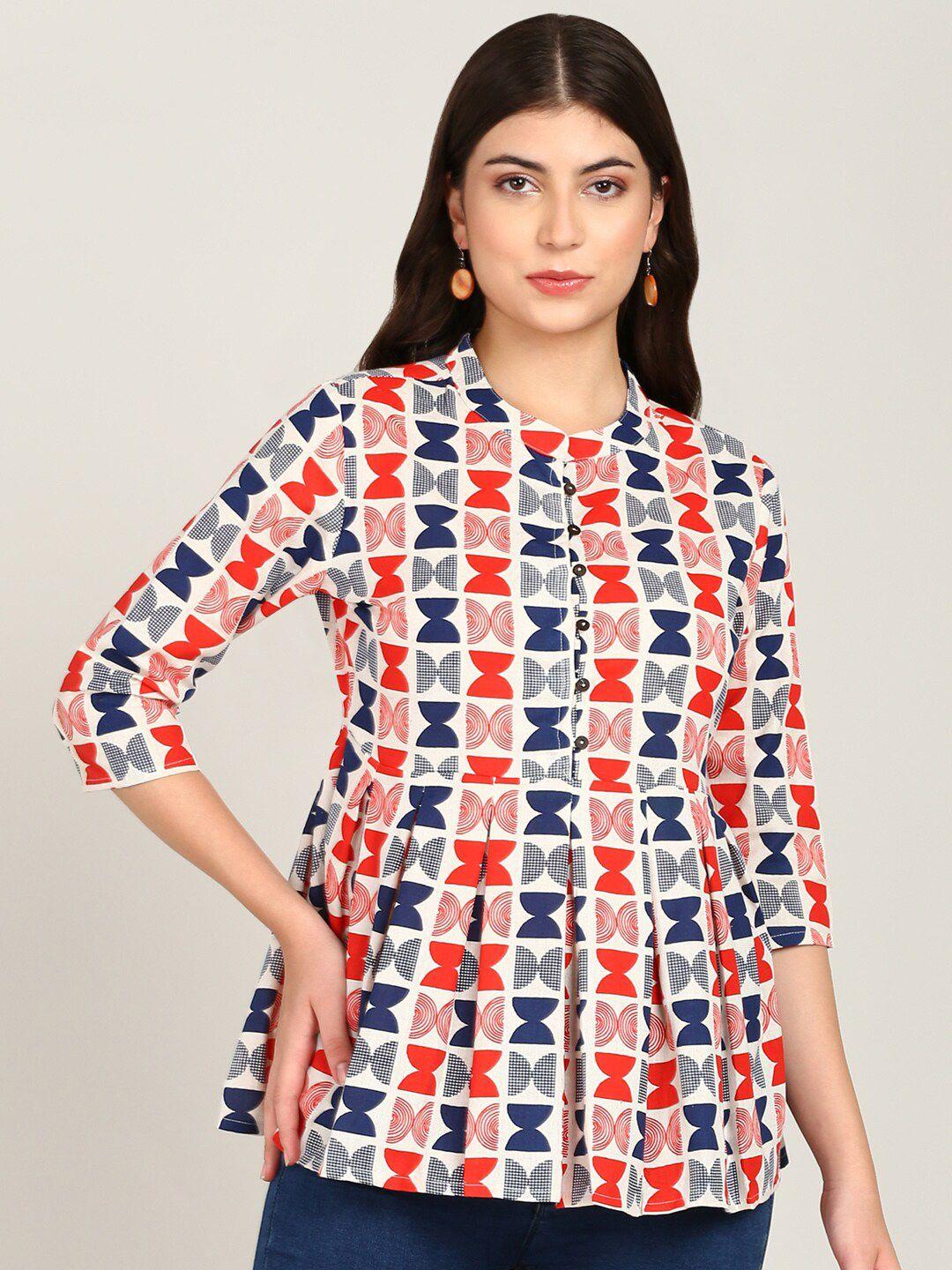 malhaar geometric printed mandarin collar gathered peplum top