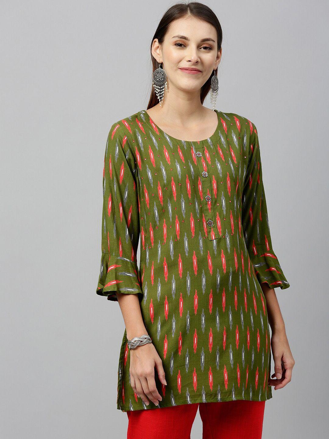 kalini geometric printed round neck mirror work bell sleeves kurti