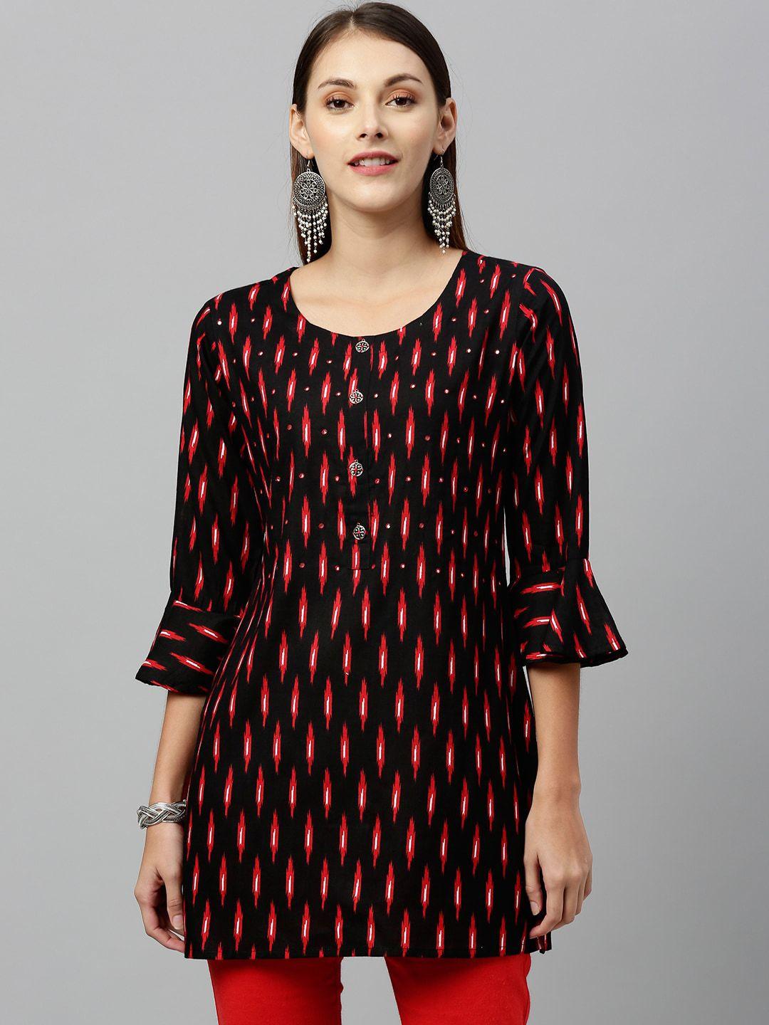 kalini geometric printed round neck mirror work bell sleeves kurti