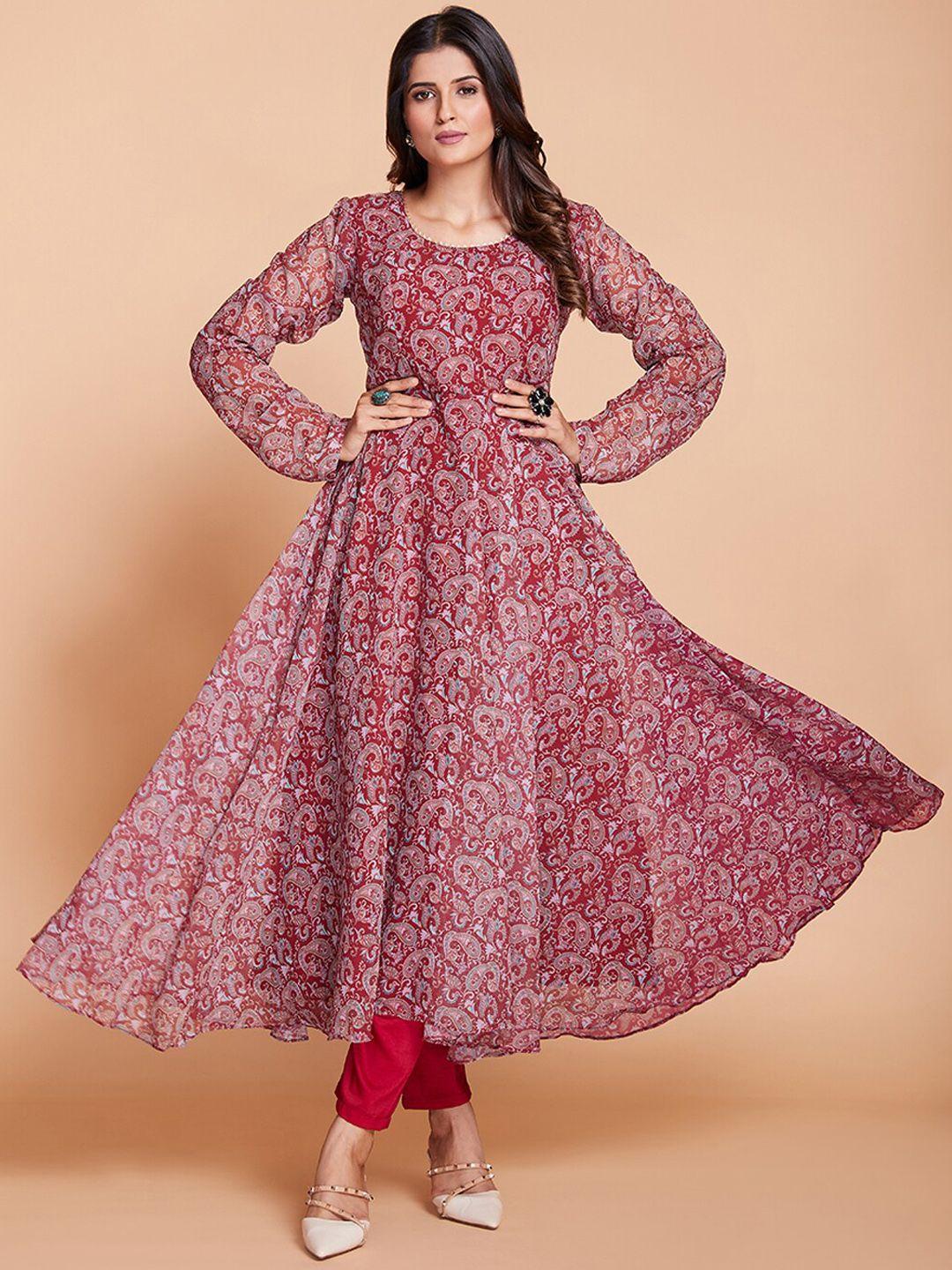 fusionic paisley printed anarkali kurta with trousers & with dupatta