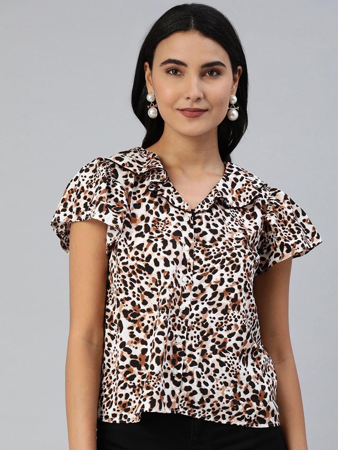 here&now animal printed flutter sleeve ruffles shirt style top