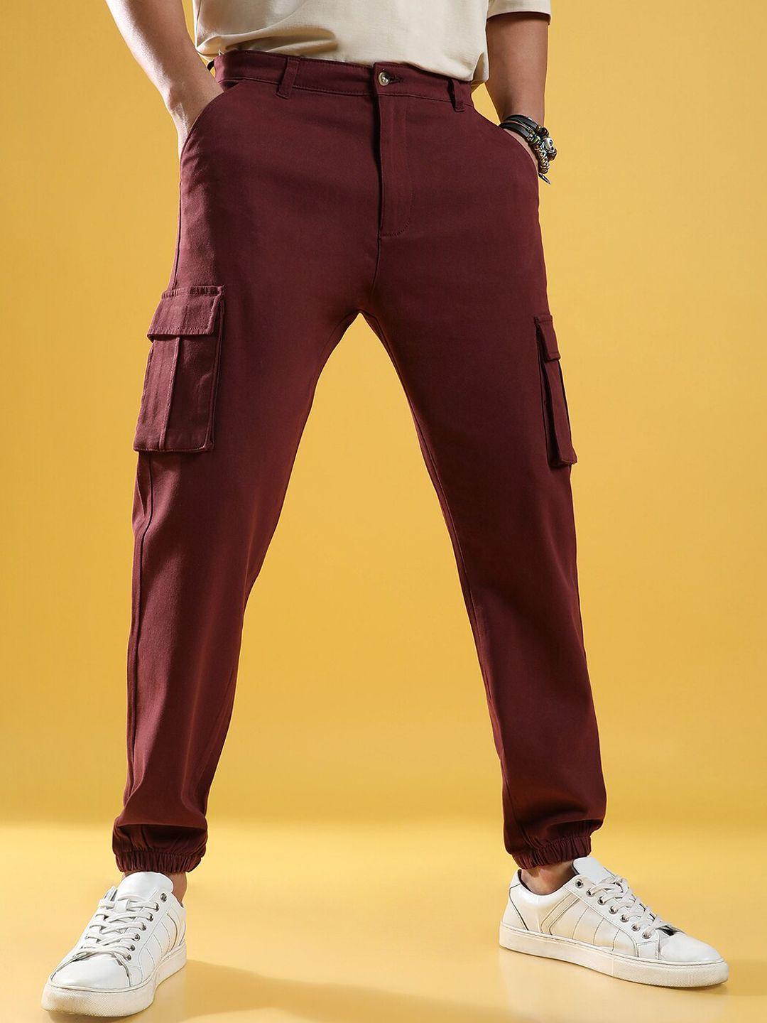 campus sutra mens maroon relaxed regular fit cotton joggers trousers