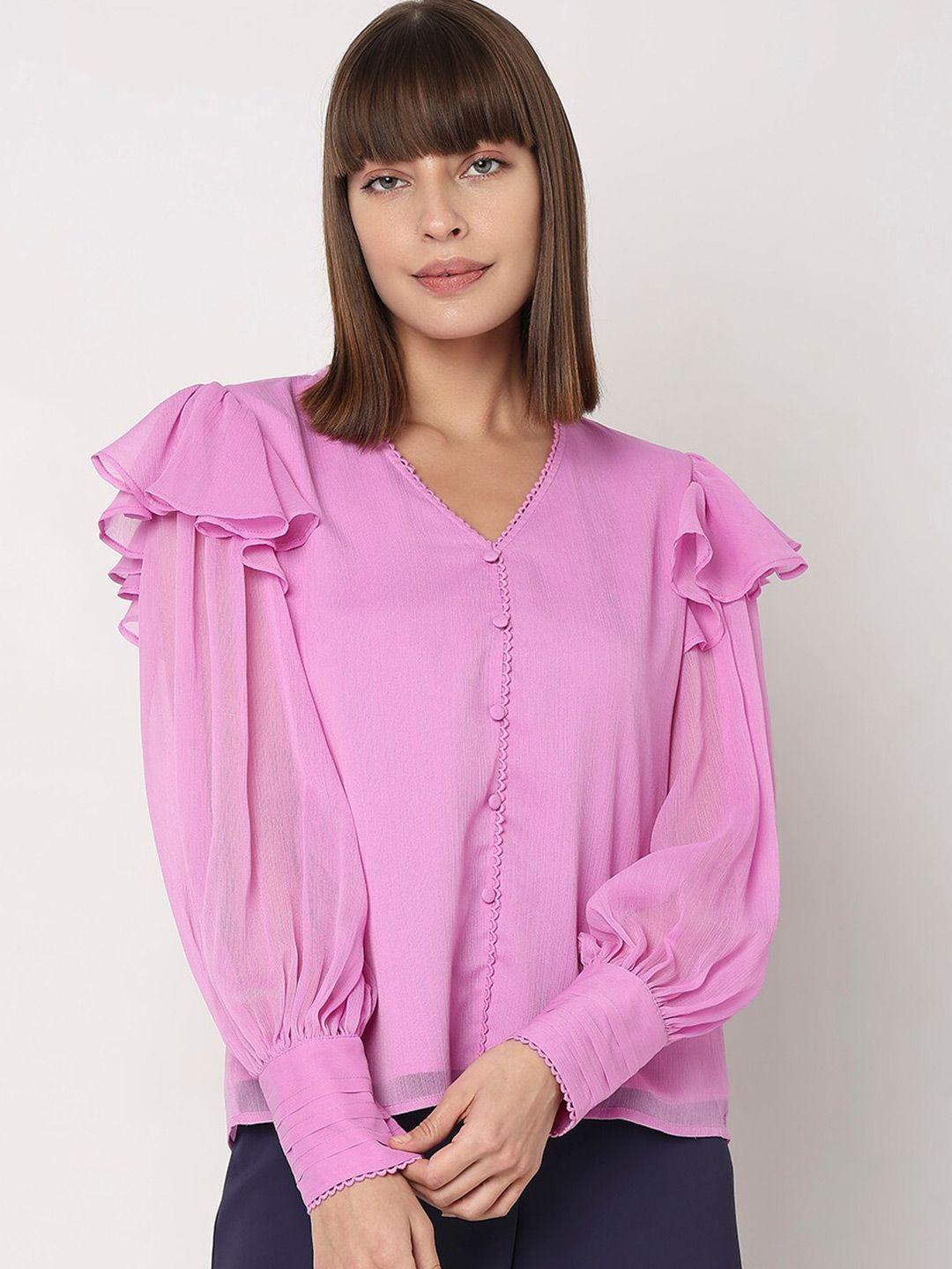 vero moda v-neck cuffed sleeve ruffled shirt style top