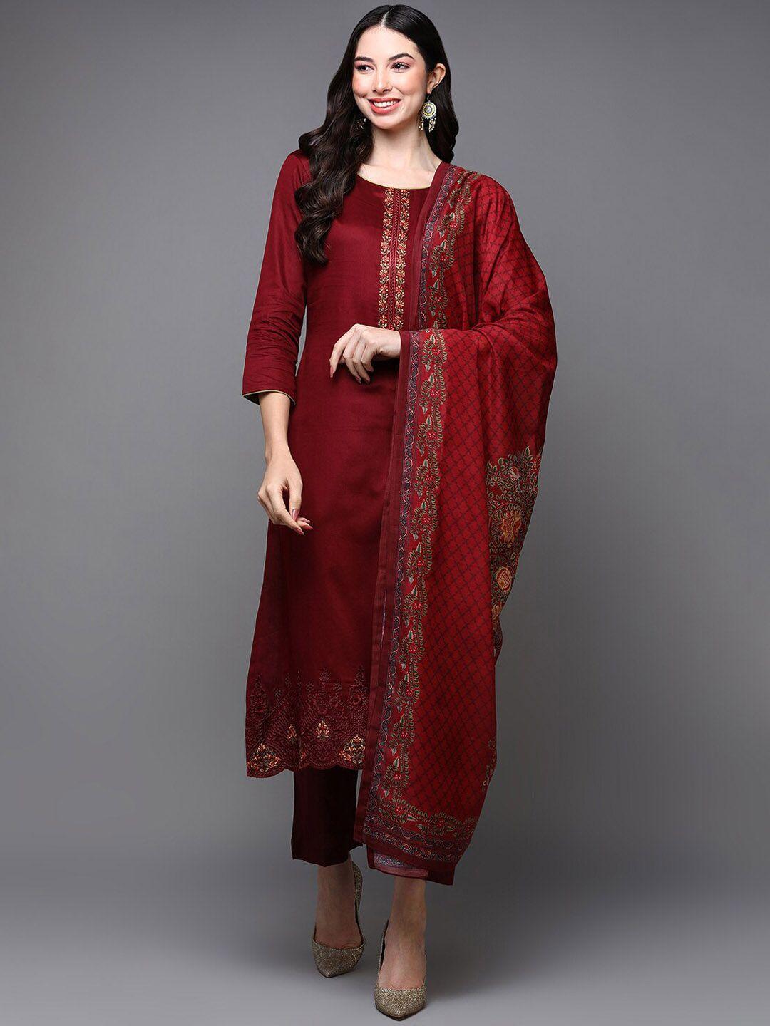 ahika red floral yoke design straight pure cotton kurta & trousers with dupatta