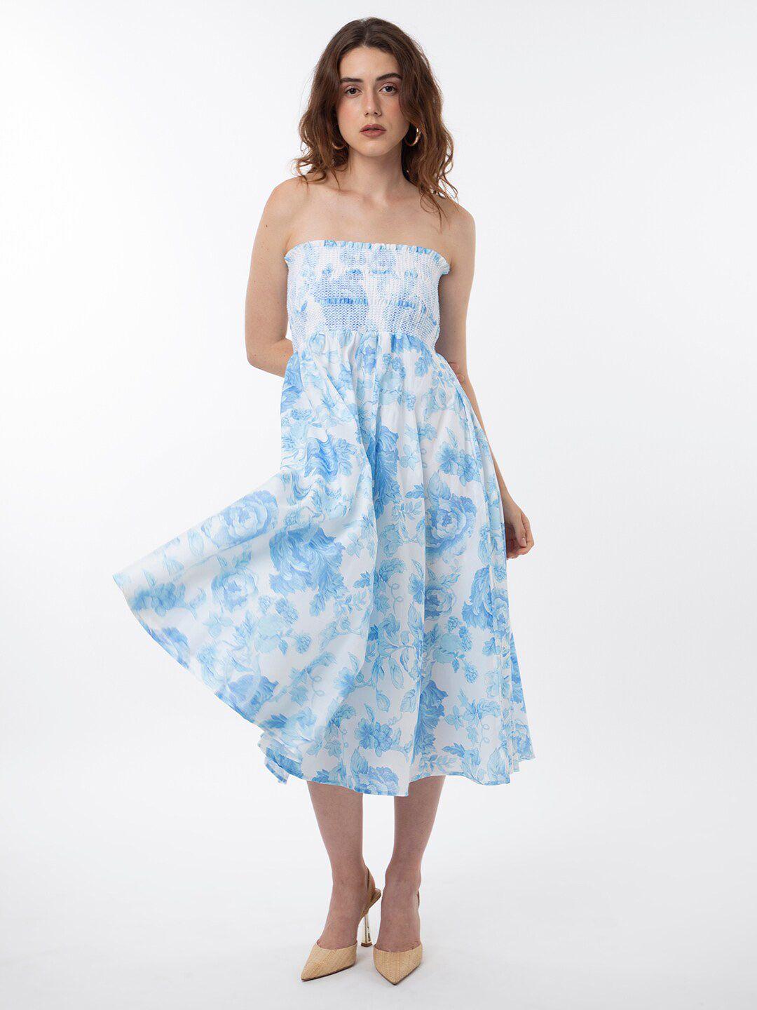 rareism floral printed strapless fit & flare midi dress