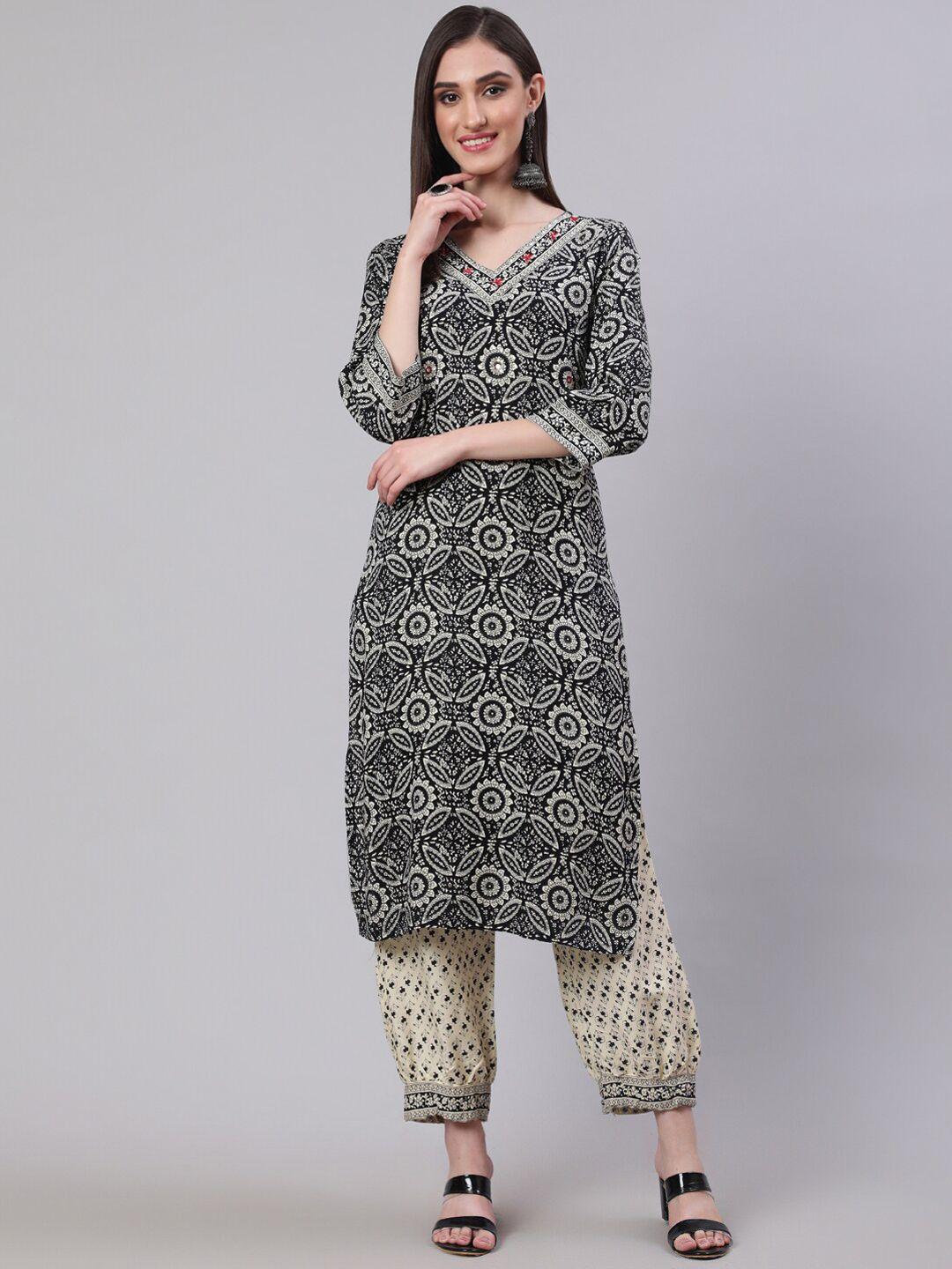 sak jaipur floral printed sequinned regular kurta with salwar