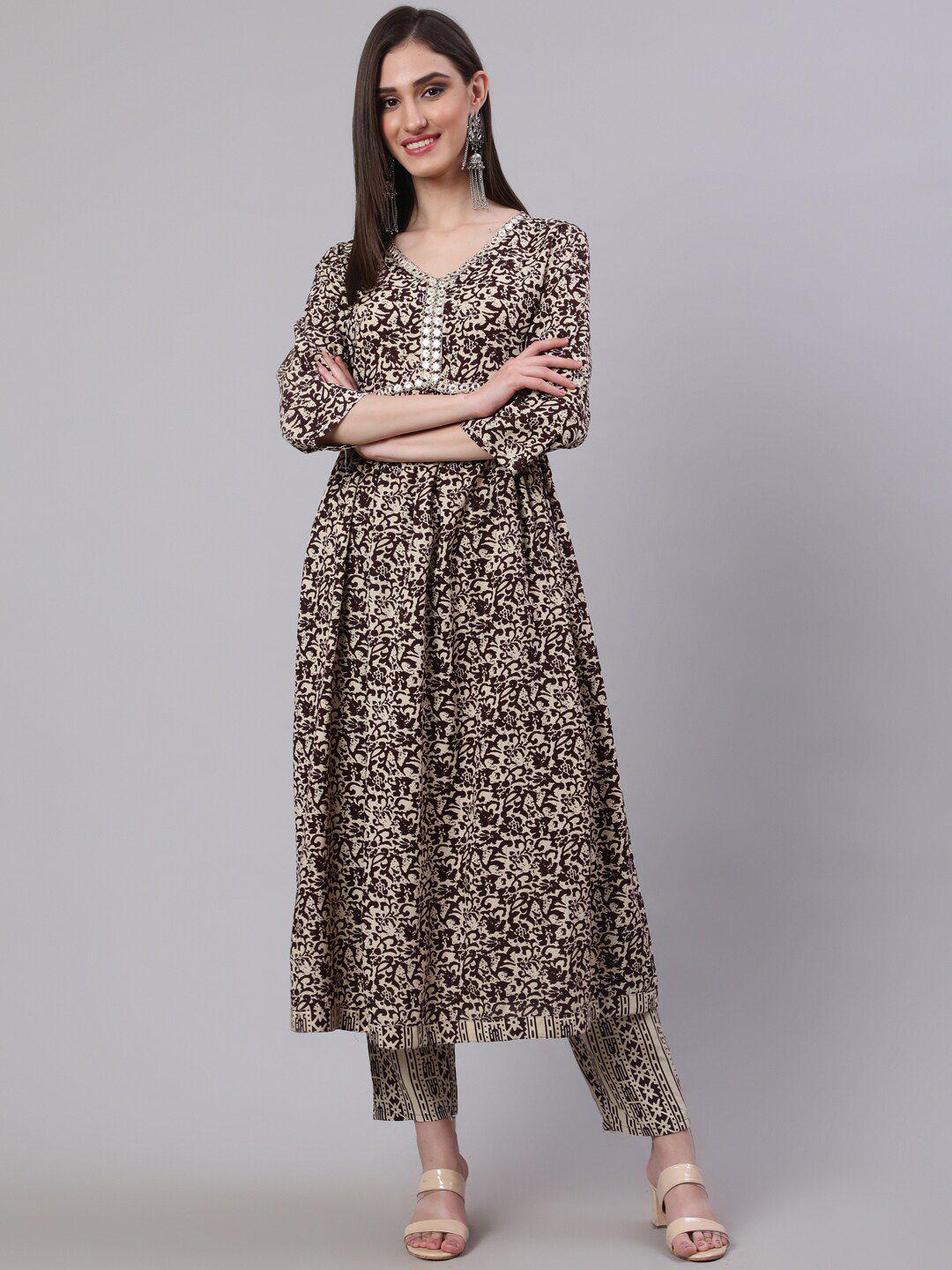 sak jaipur floral printed mirror work a-line kurta with trousers