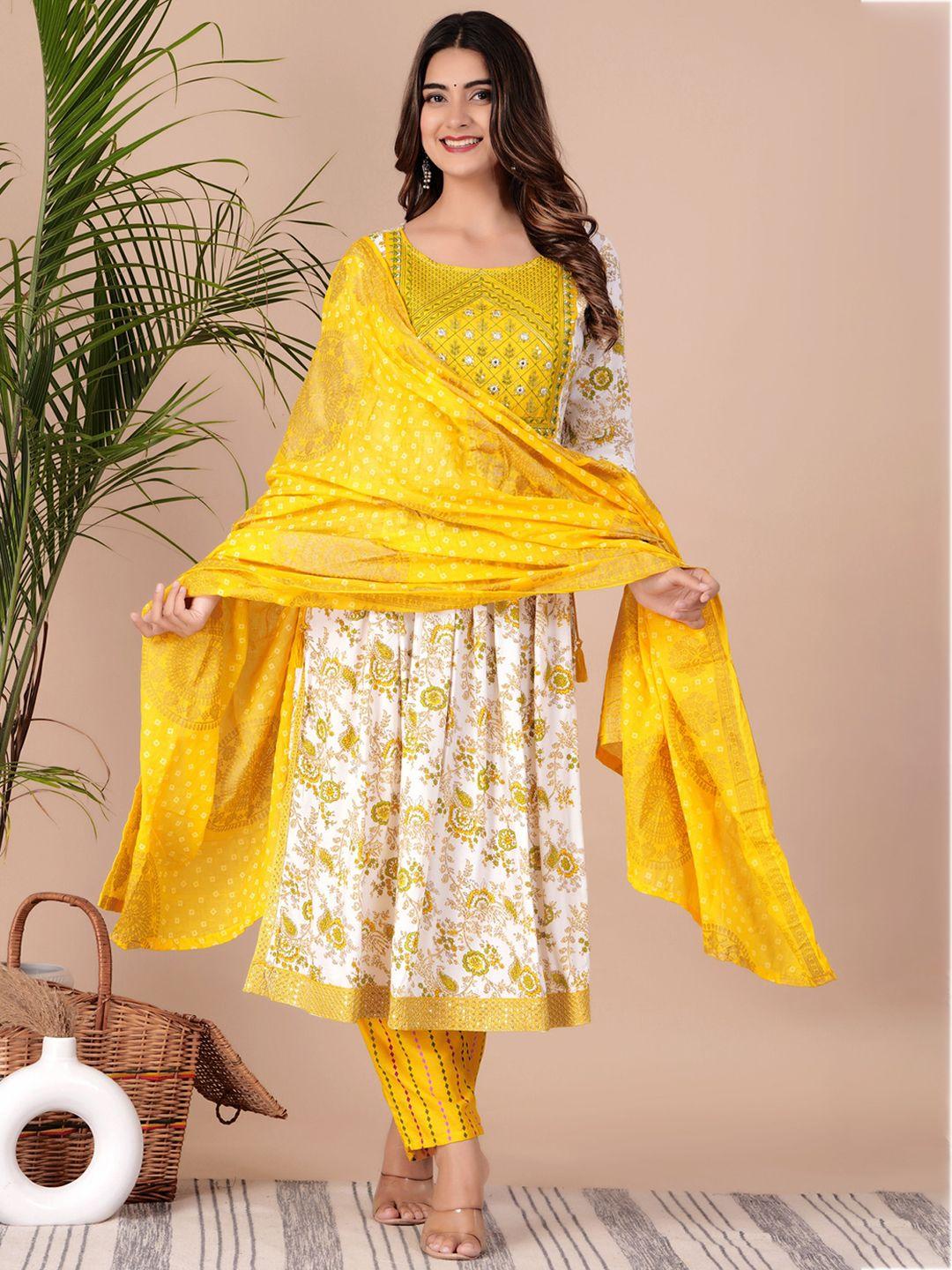 toulin ethnic motif printed thread work pleated straight kurta with trousers & dupatta