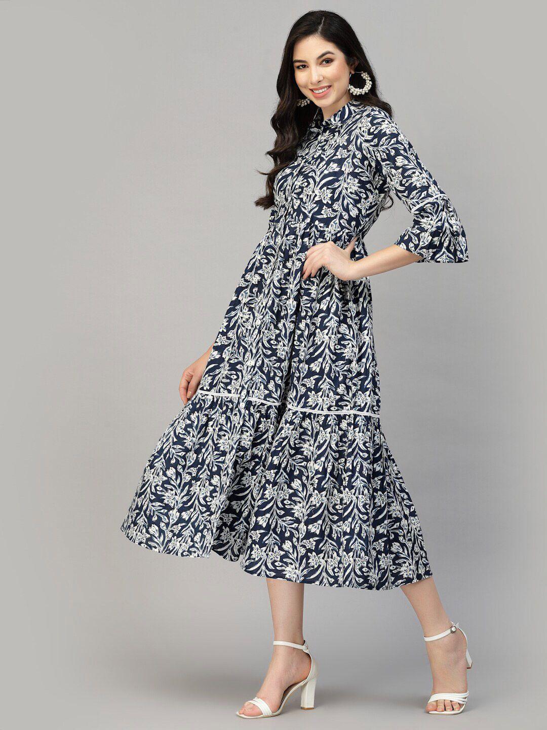 stylum navy blue & white floral printed shirt collar pure cotton a-line midi dress